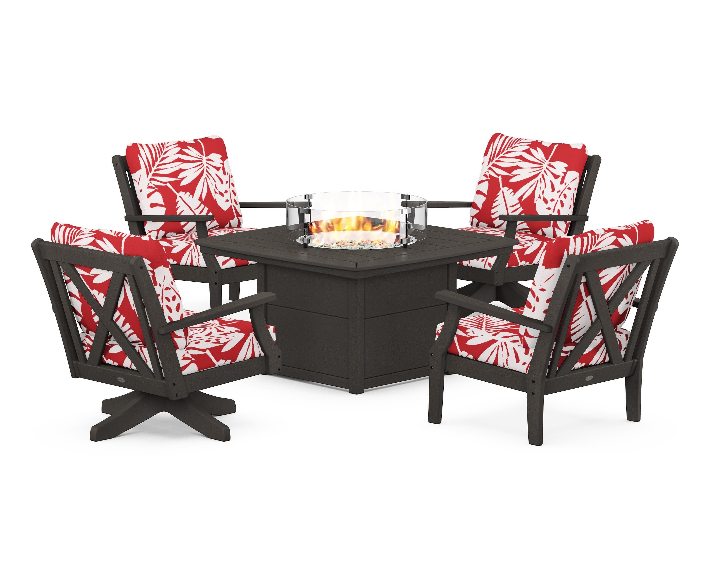 Braxton 5-Piece Deep Seating Set with Fire Table in Vintage Coffee / Leaf Crimson