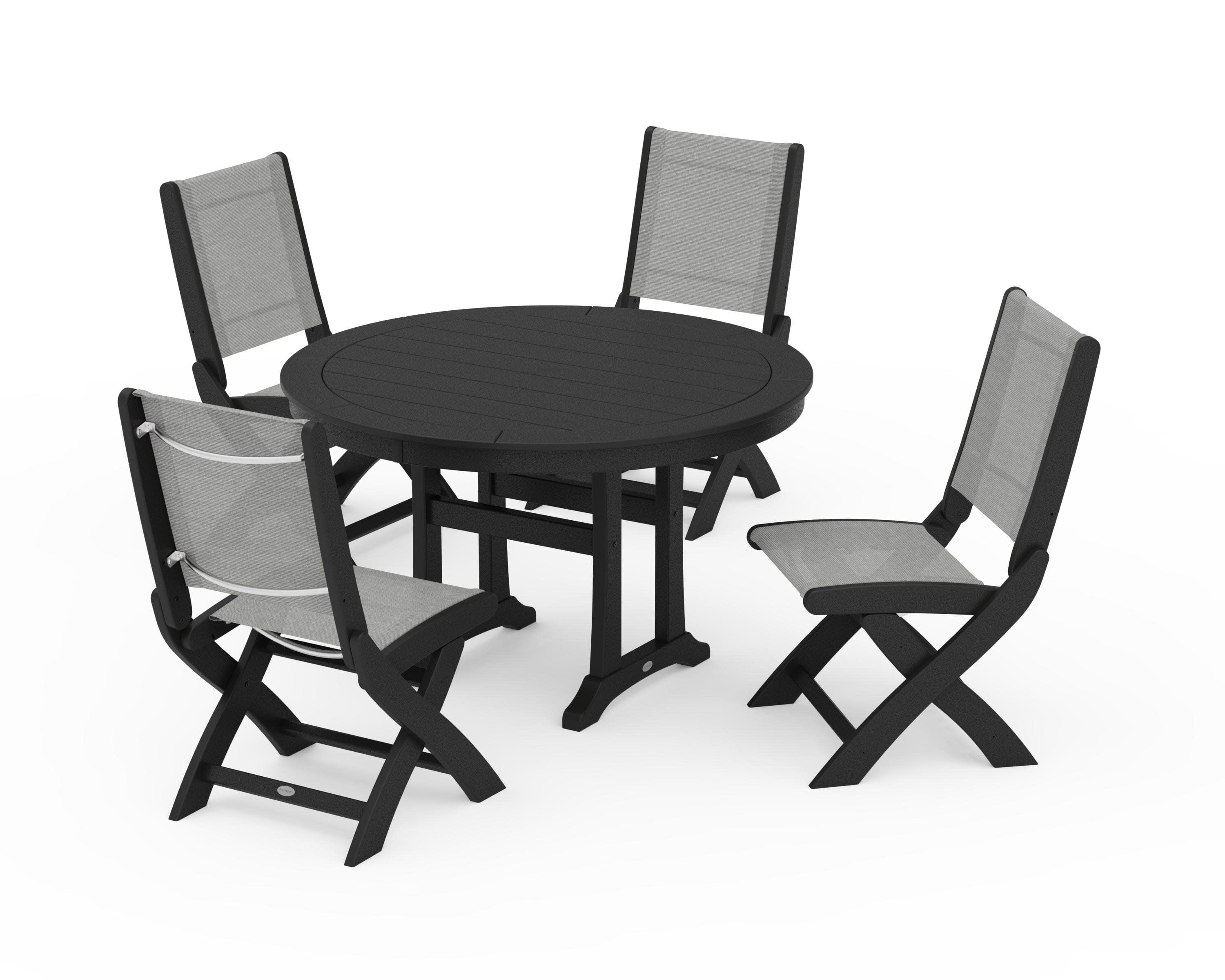 Coastal Folding Side Chair 5-Piece Round Dining Set With Trestle Legs in Black / Metallic Sling