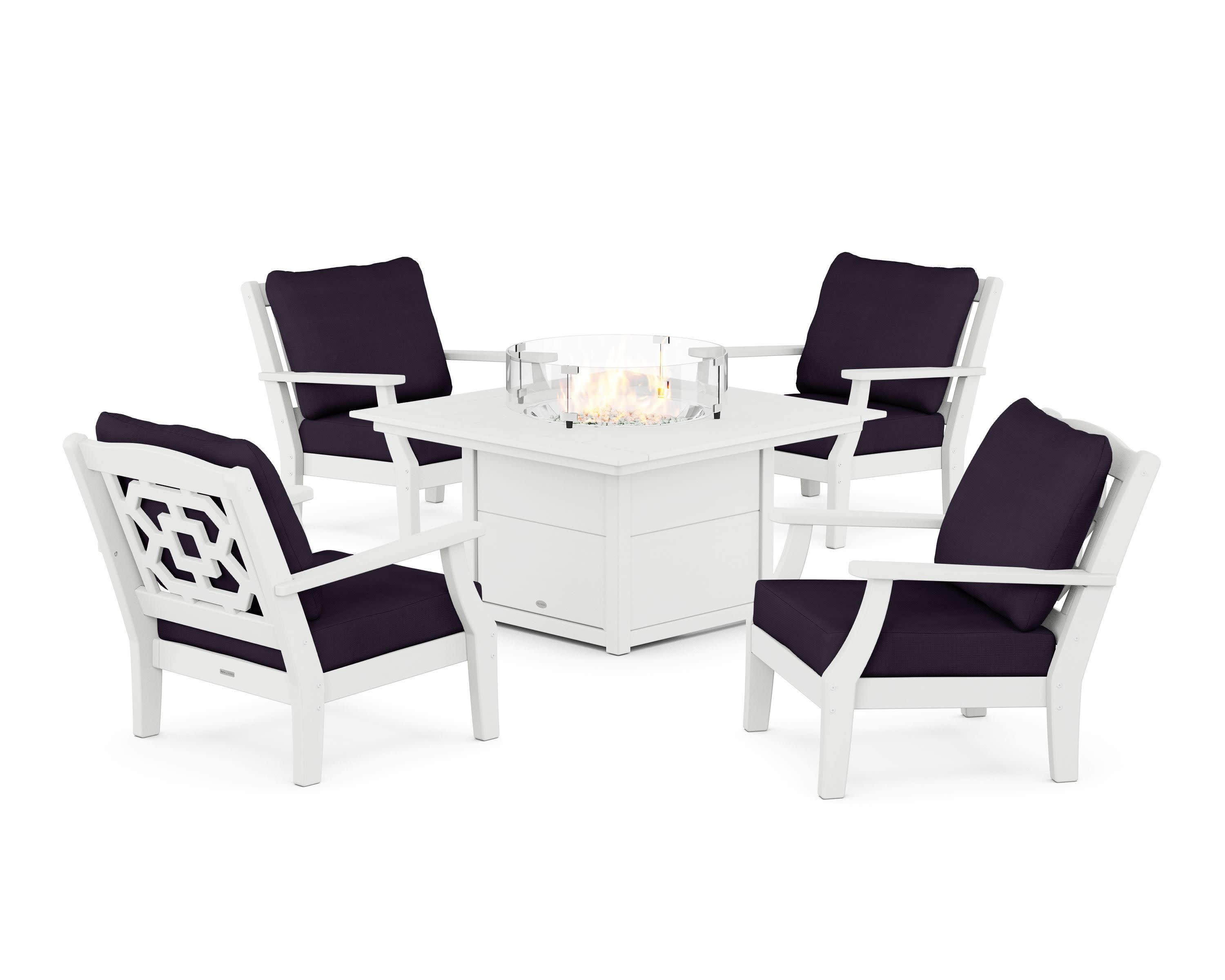 Chinoiserie 5-Piece Deep Seating Set with Fire Pit Table in White / Navy Linen