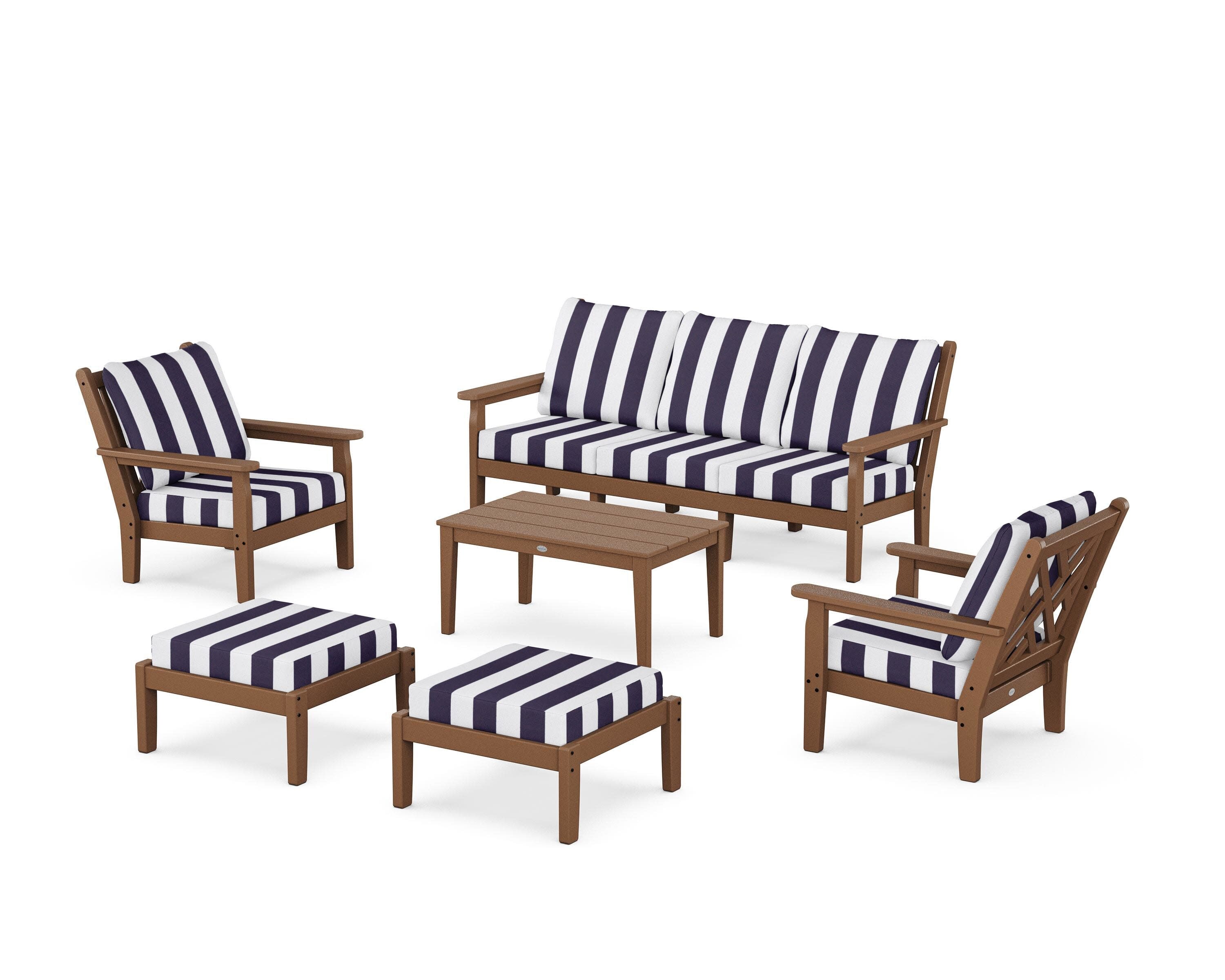 Chippendale 6-Piece Lounge Sofa Set in Teak / Cabana Stripe Navy