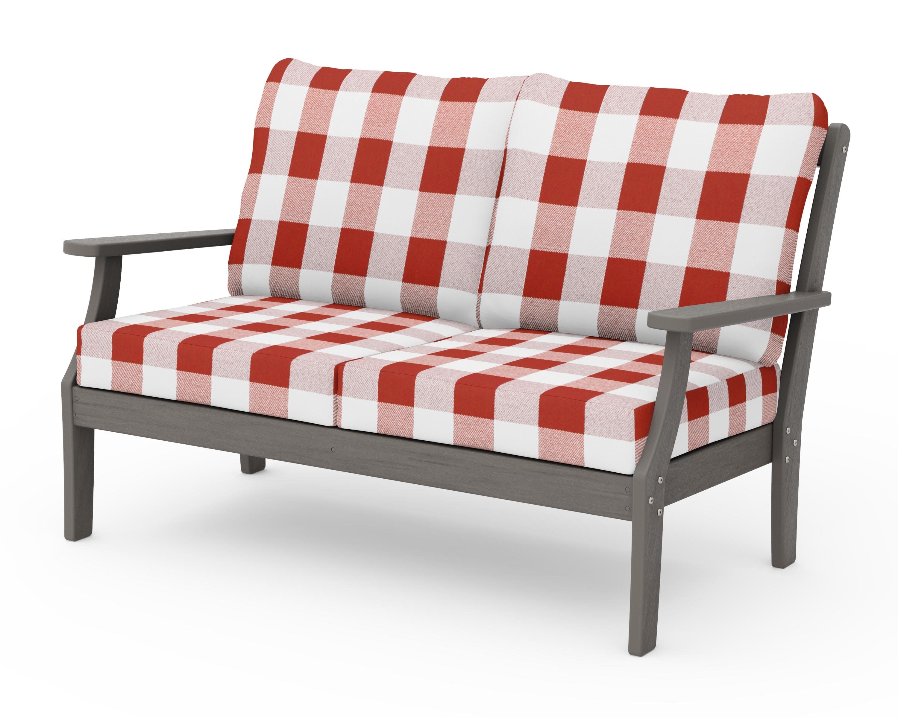 Braxton Deep Seating Loveseat in Driftwood / Buffalo Plaid Crimson