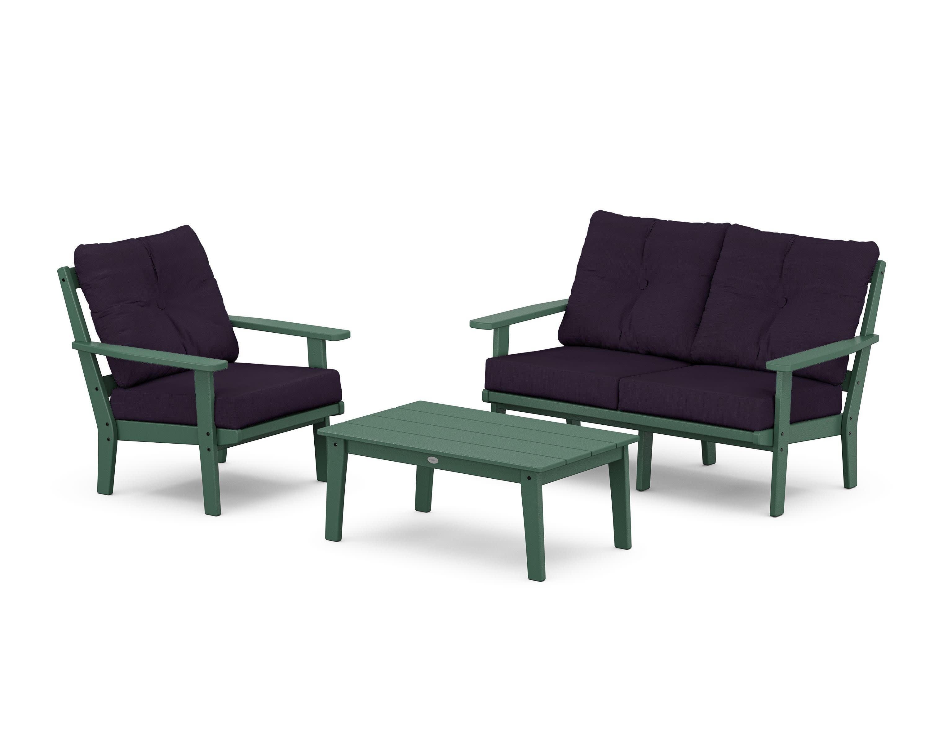 Oxford 3-Piece Deep Seating Set with Loveseat in Green / Navy Linen