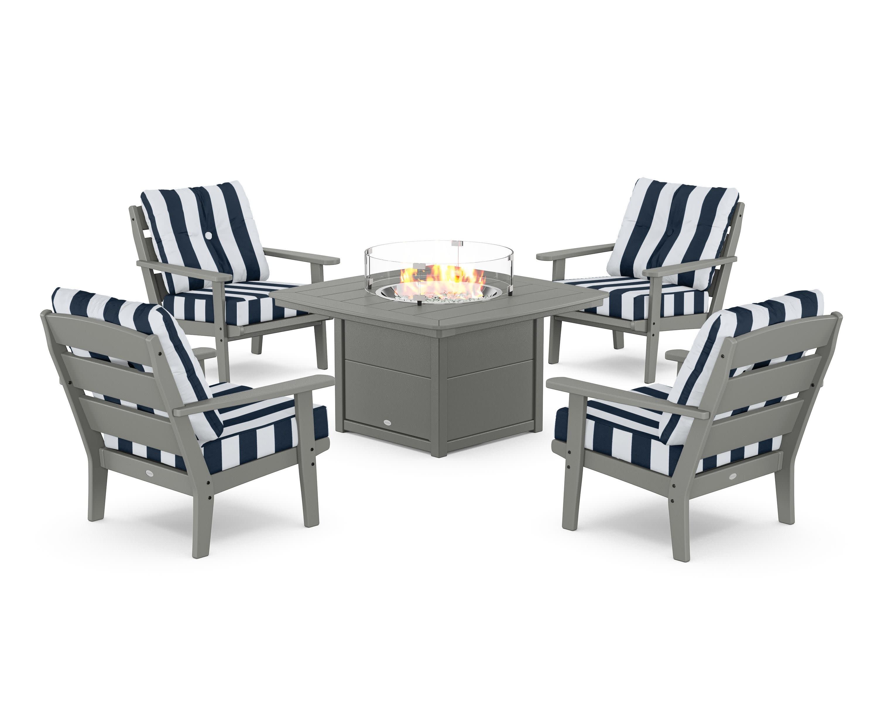 Lakeside 5-Piece Deep Seating Set with Nautical Fire Pit Table in Slate Grey / Cabana Stripe Marine Indigo