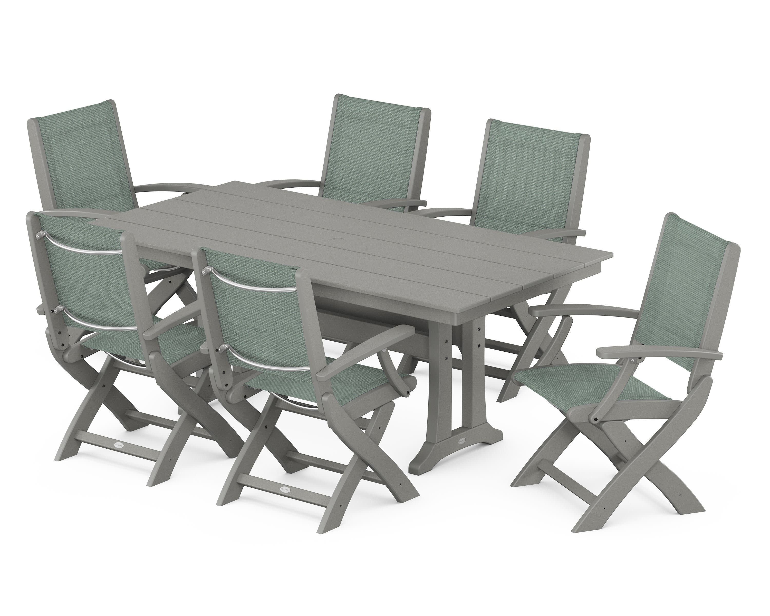 Coastal Folding Arm Chair 7-Piece Farmhouse Dining Set with Trestle Legs in Slate Grey / Dupioni Sea Mist Sling