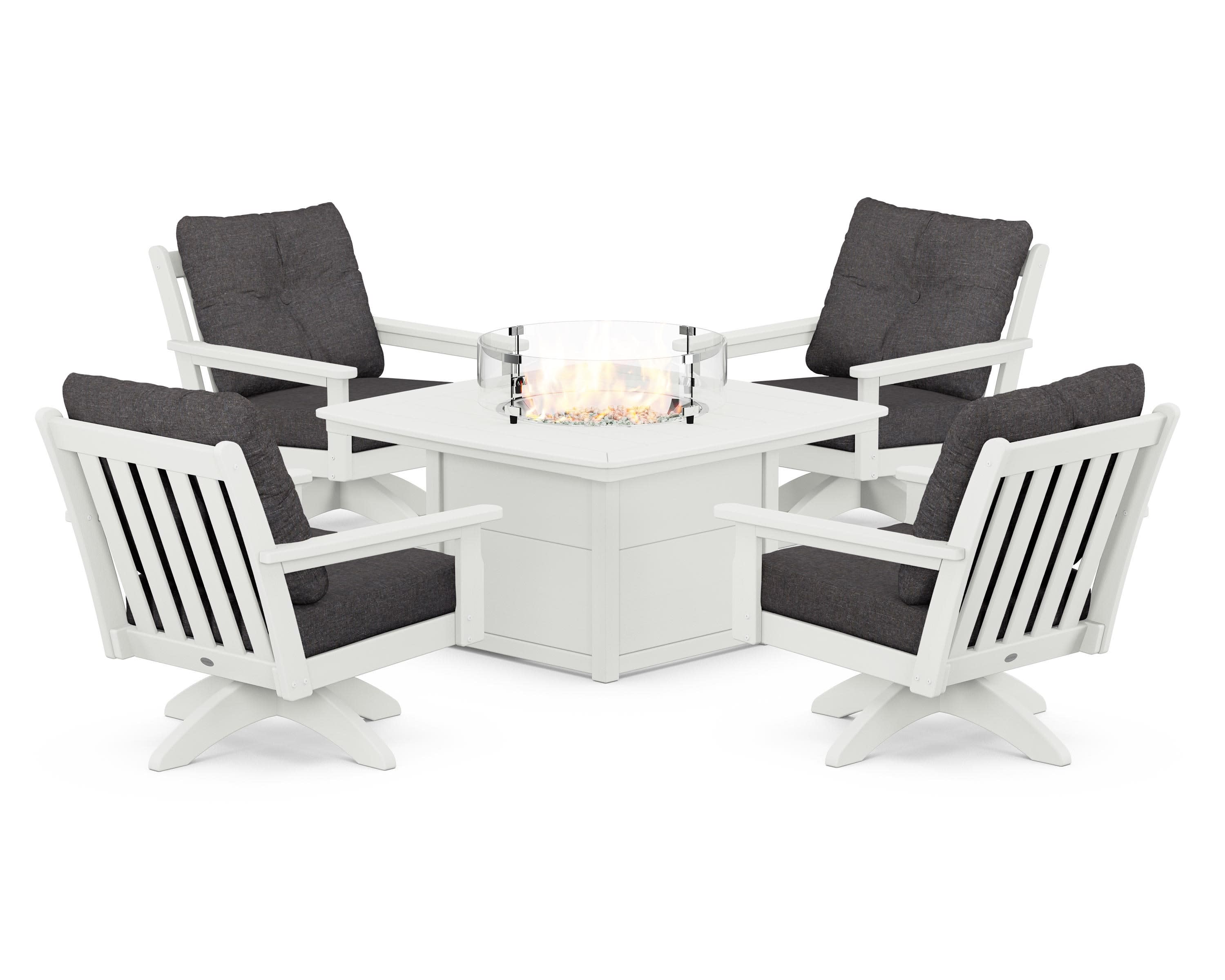Vineyard 5-Piece Deep Seating Swivel Conversation Set with Fire Pit Table in Vintage White / Ash Charcoal