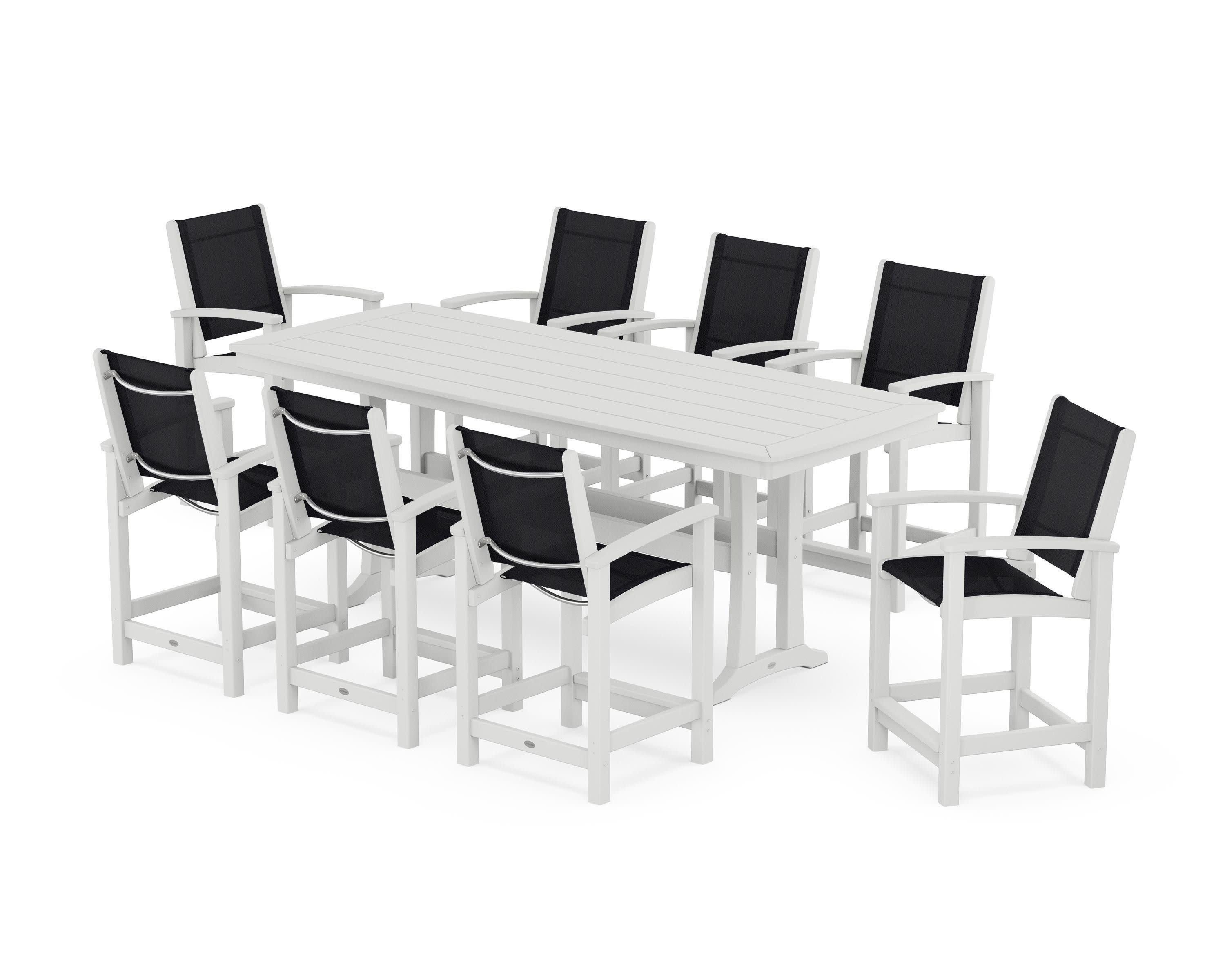 Coastal 9-Piece Counter Set with Trestle Legs in White / Black Sling