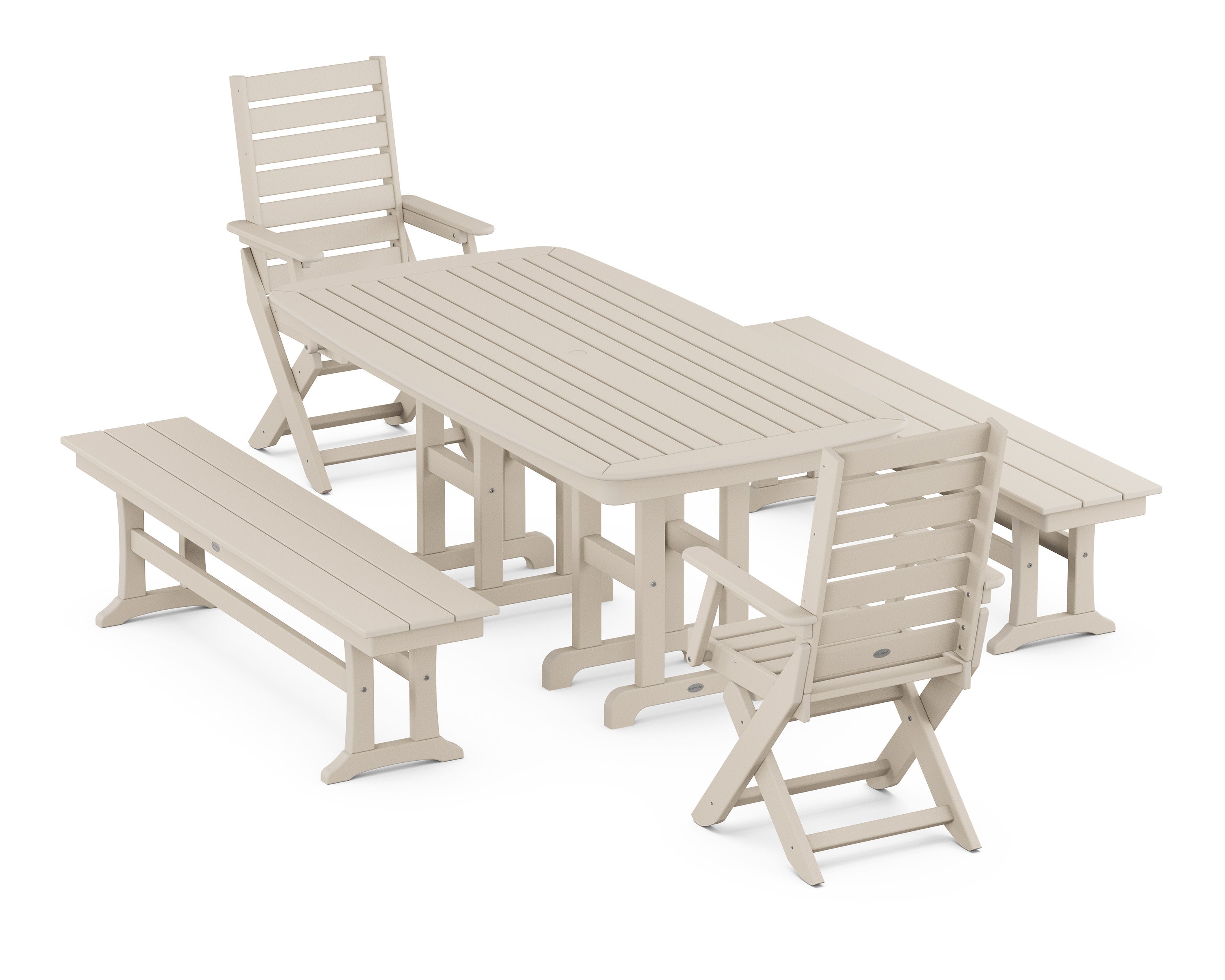 Captain Folding Chair 5-Piece Dining Set with Benches in Sand