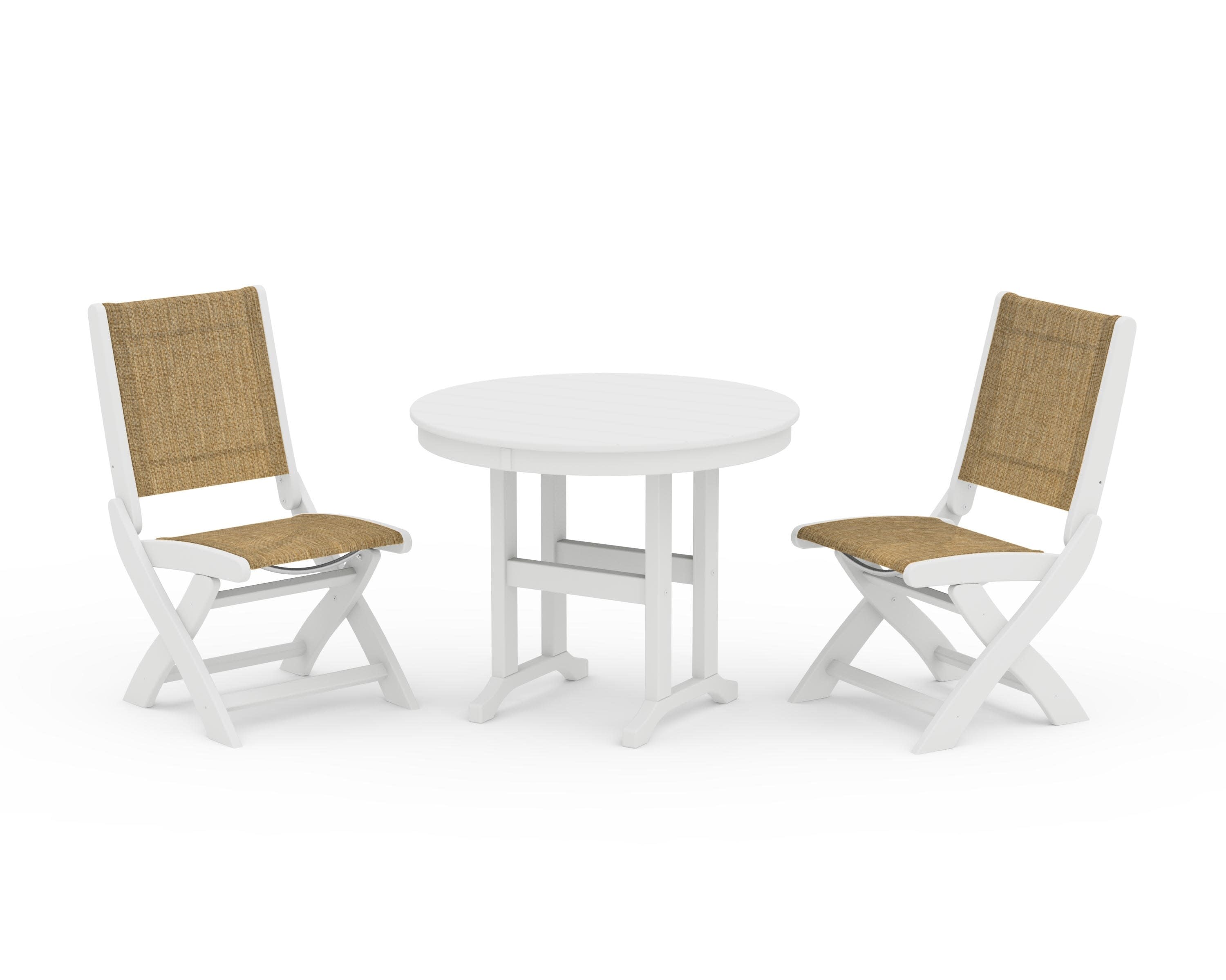 Coastal Folding Side Chair 3-Piece Round Dining Set in White / Burlap Sling