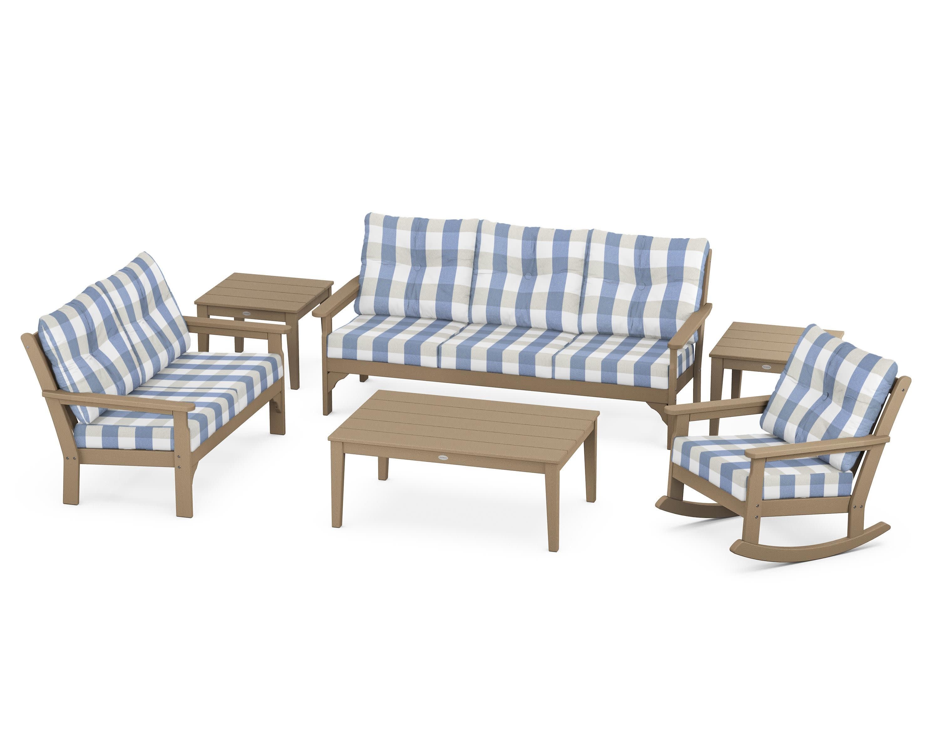 Vineyard 6-Piece Deep Seating Set in Vintage Sahara / Buffalo Plaid Sky Blue