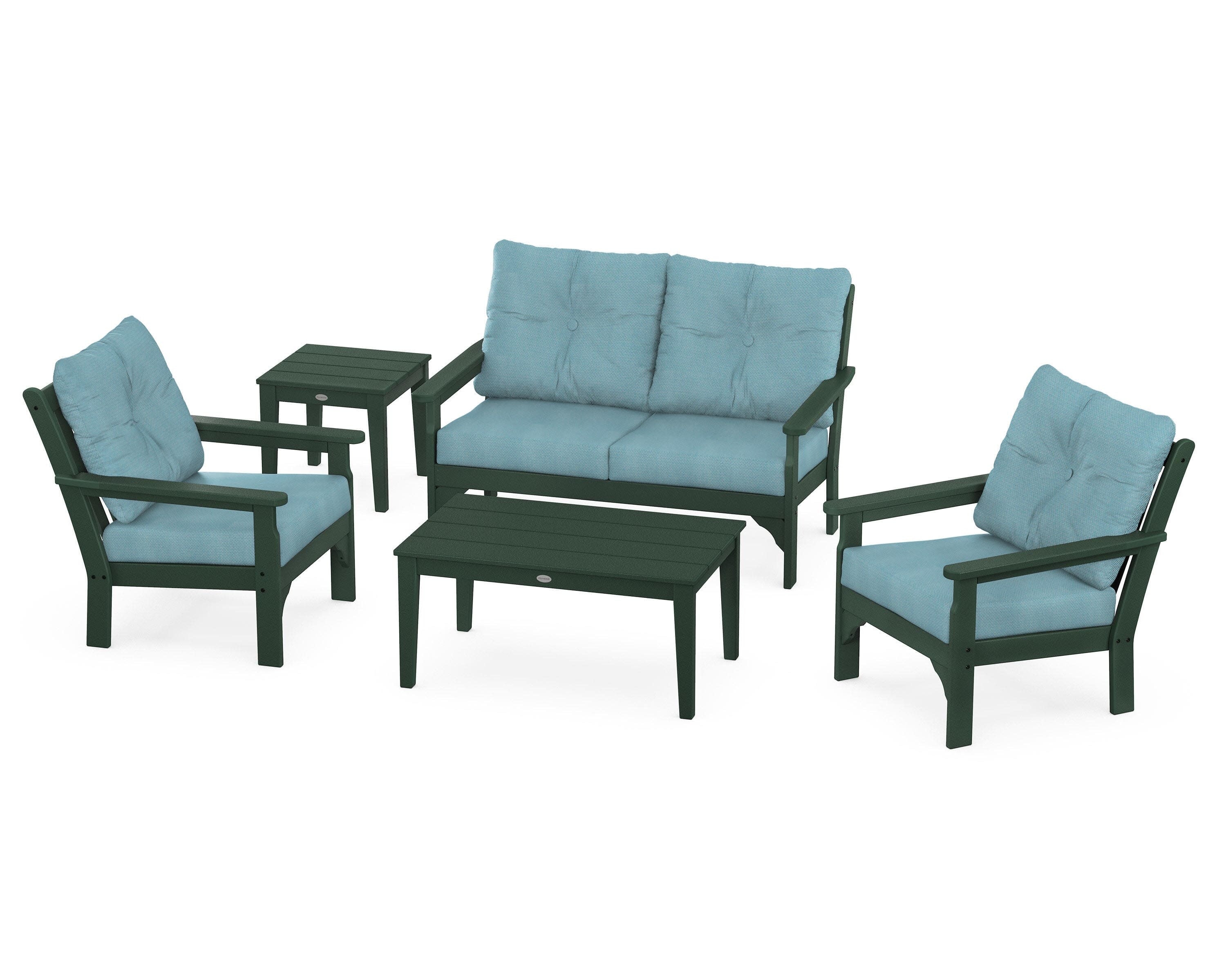 Vineyard 5-Piece Deep Seating Set in Green / Lattice Sky Blue