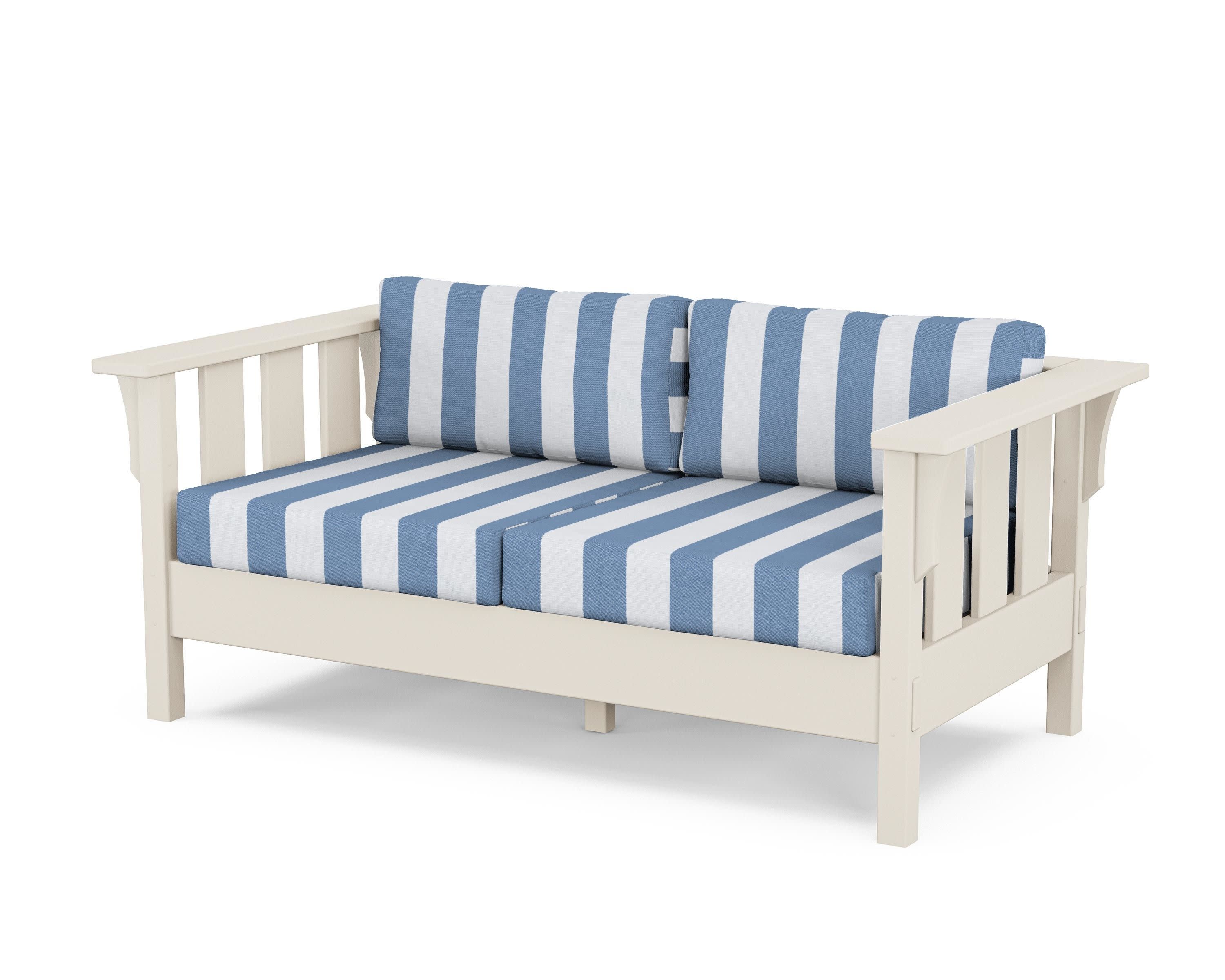 Acadia Deep Seating Loveseat in Sand / Cabana Stripe Sky Blue