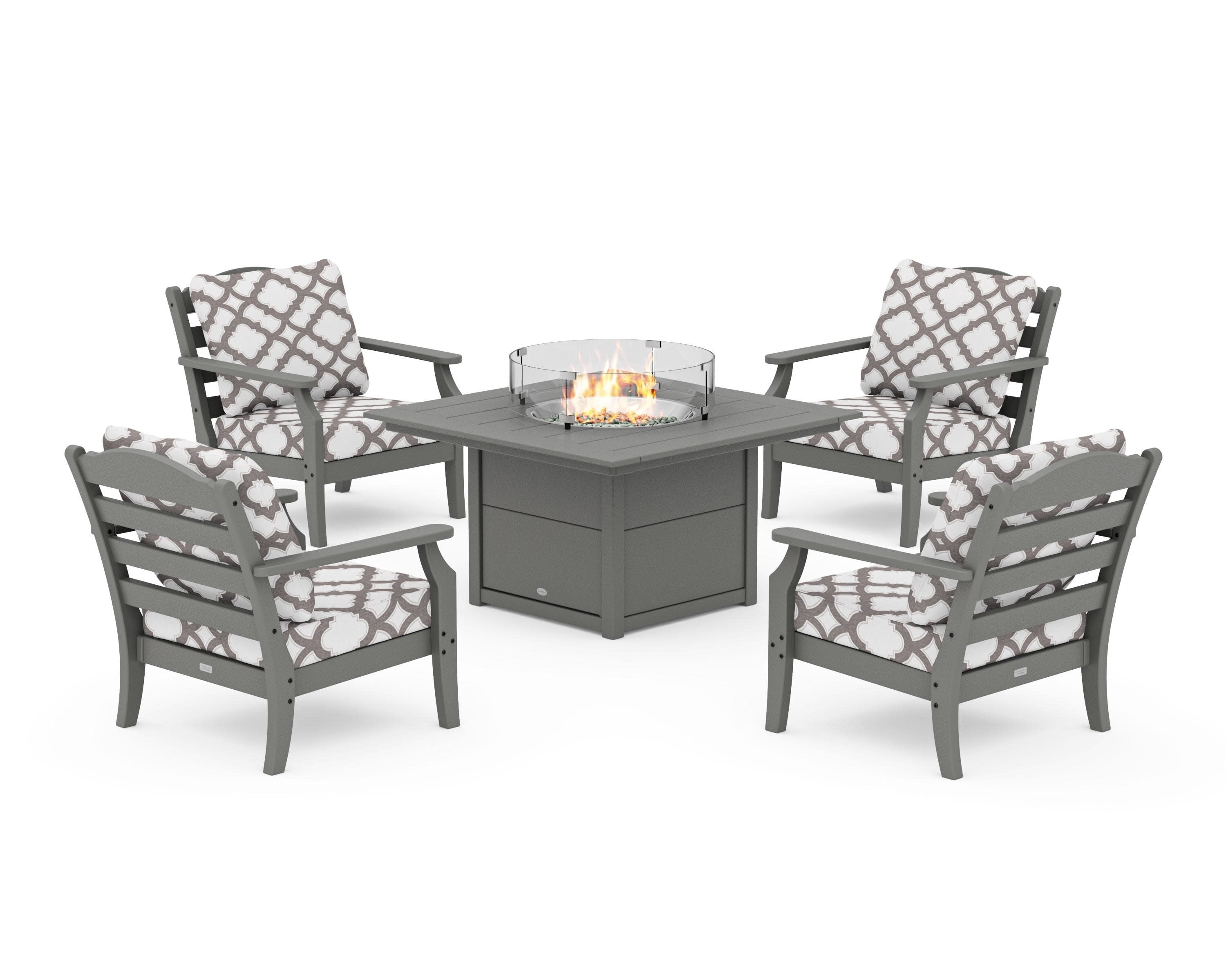 Savannah 5-Piece Deep Seating Set with Fire Pit Table in Slate Grey / Trellis Grey Mist