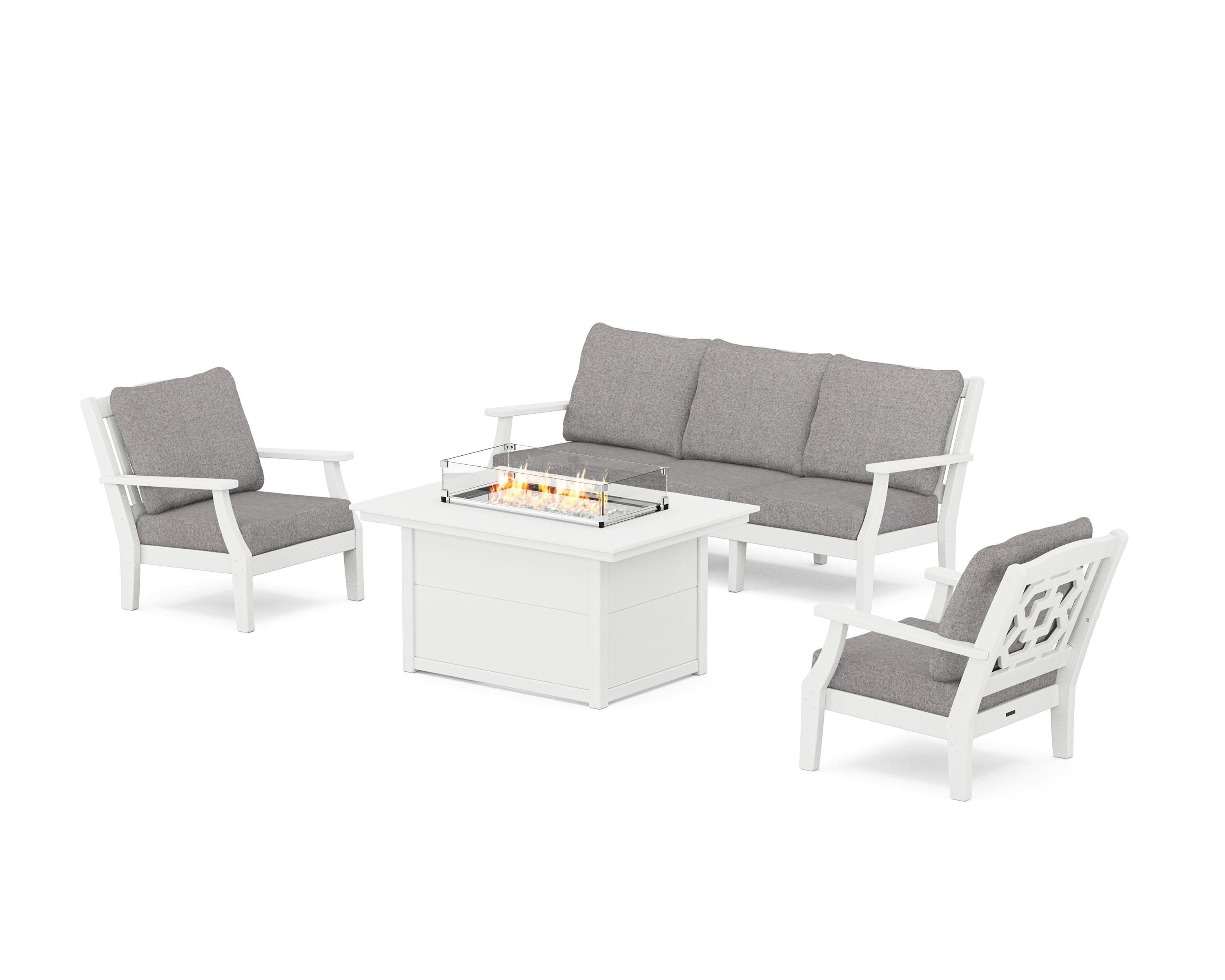 Chinoiserie Deep Seating Fire Pit Table Set in White / Grey Mist