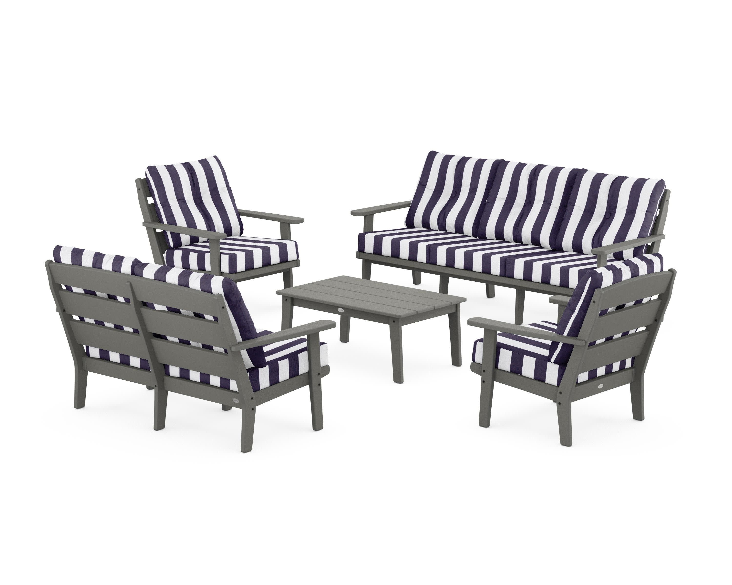Lakeside 5-Piece Lounge Sofa Set in Slate Grey / Cabana Stripe Navy
