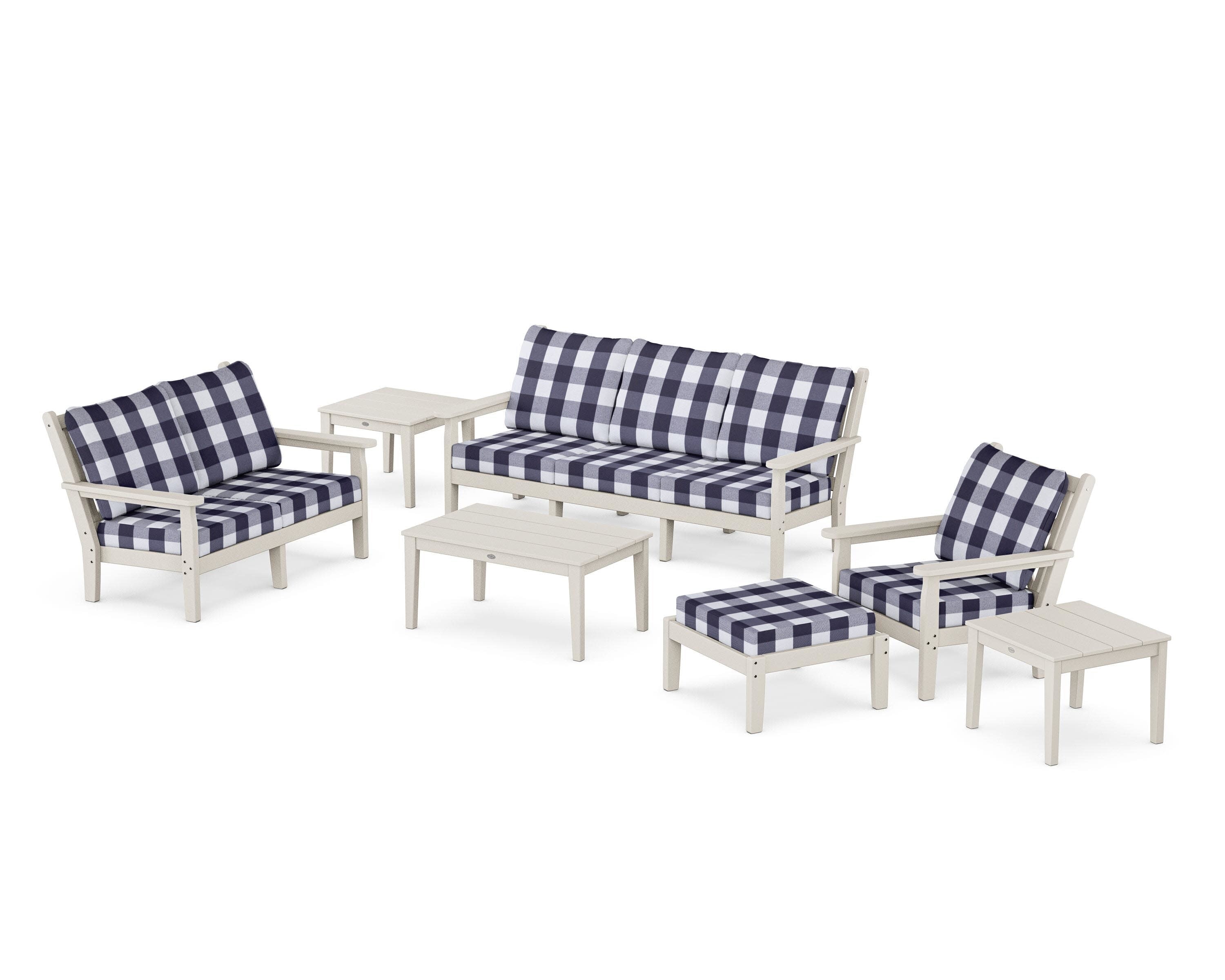 Chippendale 7-Piece Deep Seating Set in Sand / Buffalo Plaid Navy