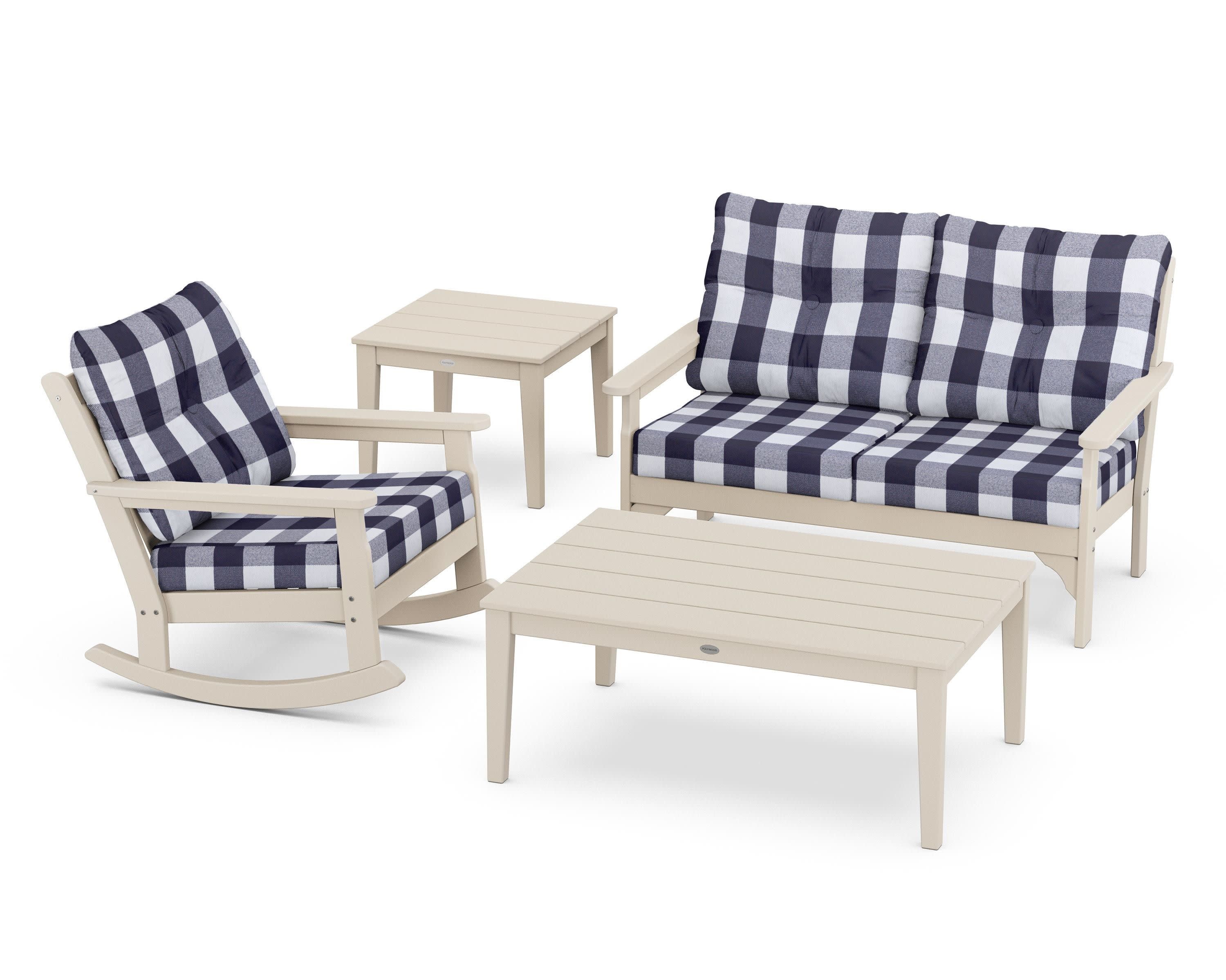 Vineyard 4-Piece Deep Seating Rocker Set in Sand / Buffalo Plaid Navy