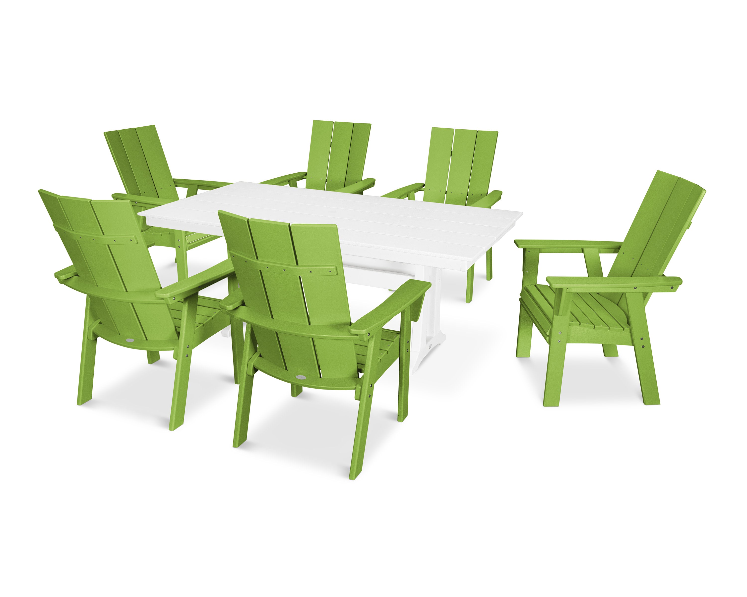 Modern Curveback Adirondack 7-Piece Farmhouse Dining Set with Trestle Legs in Lime / White