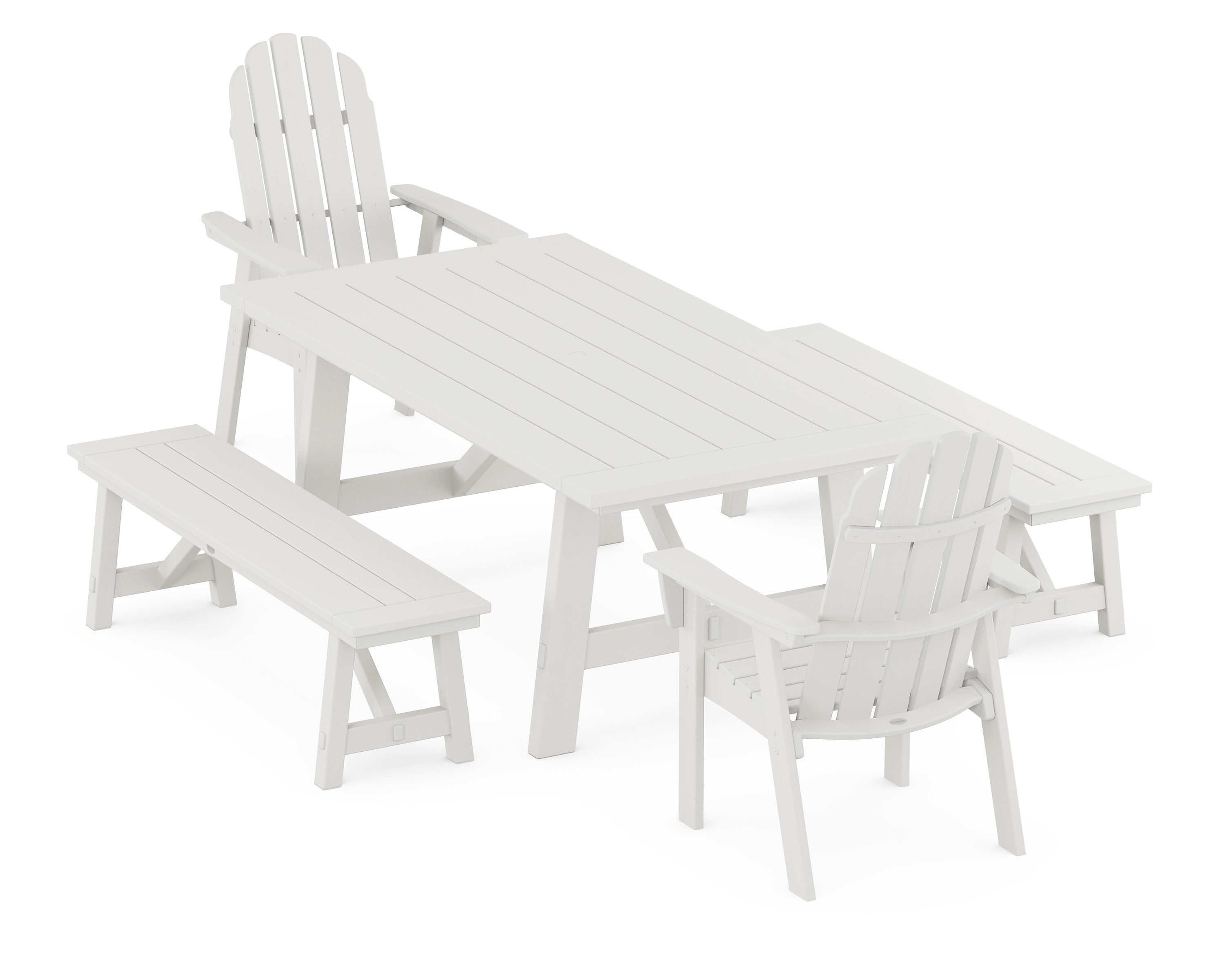 Vineyard Curveback Adirondack 5-Piece Rustic Farmhouse Dining Set With Benches in Vintage White