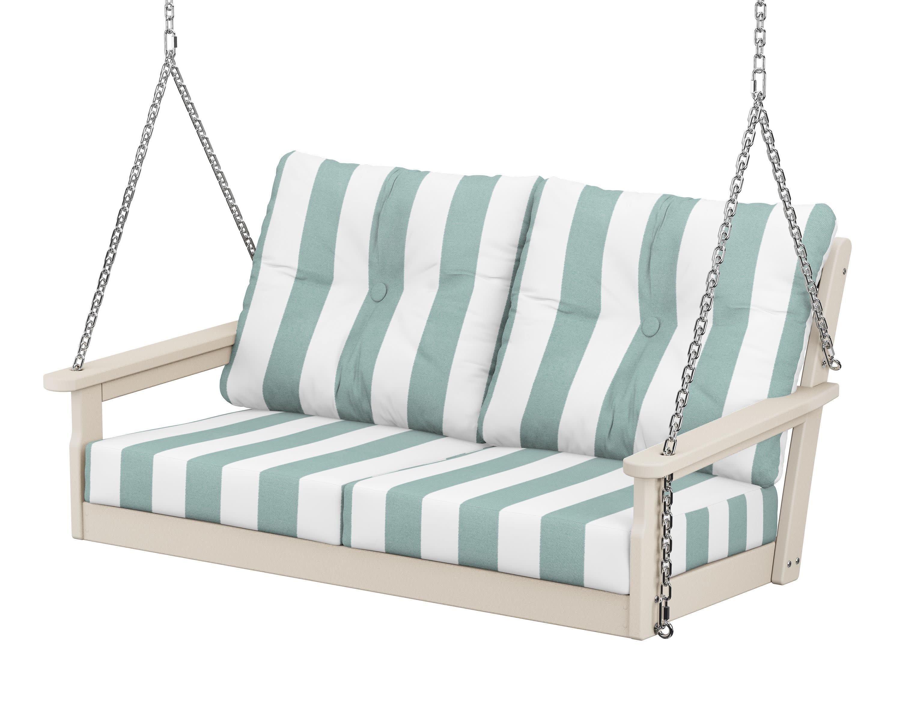 Vineyard Deep Seating Swing in Sand / Cabana Stripe Glacier Spa