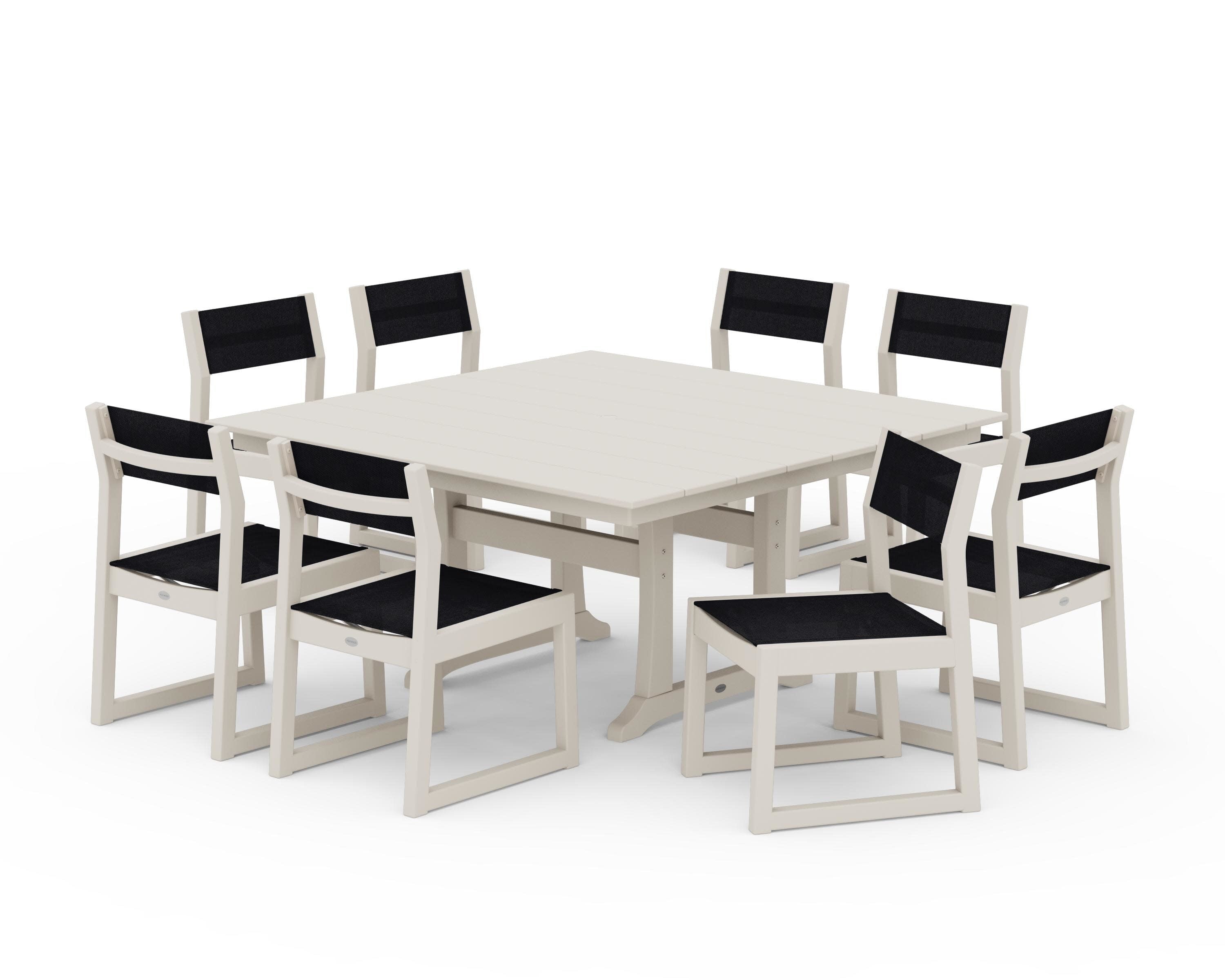 EDGE Sling Side Chair 9-Piece Farmhouse Trestle Dining Set in Sand / Black Sling
