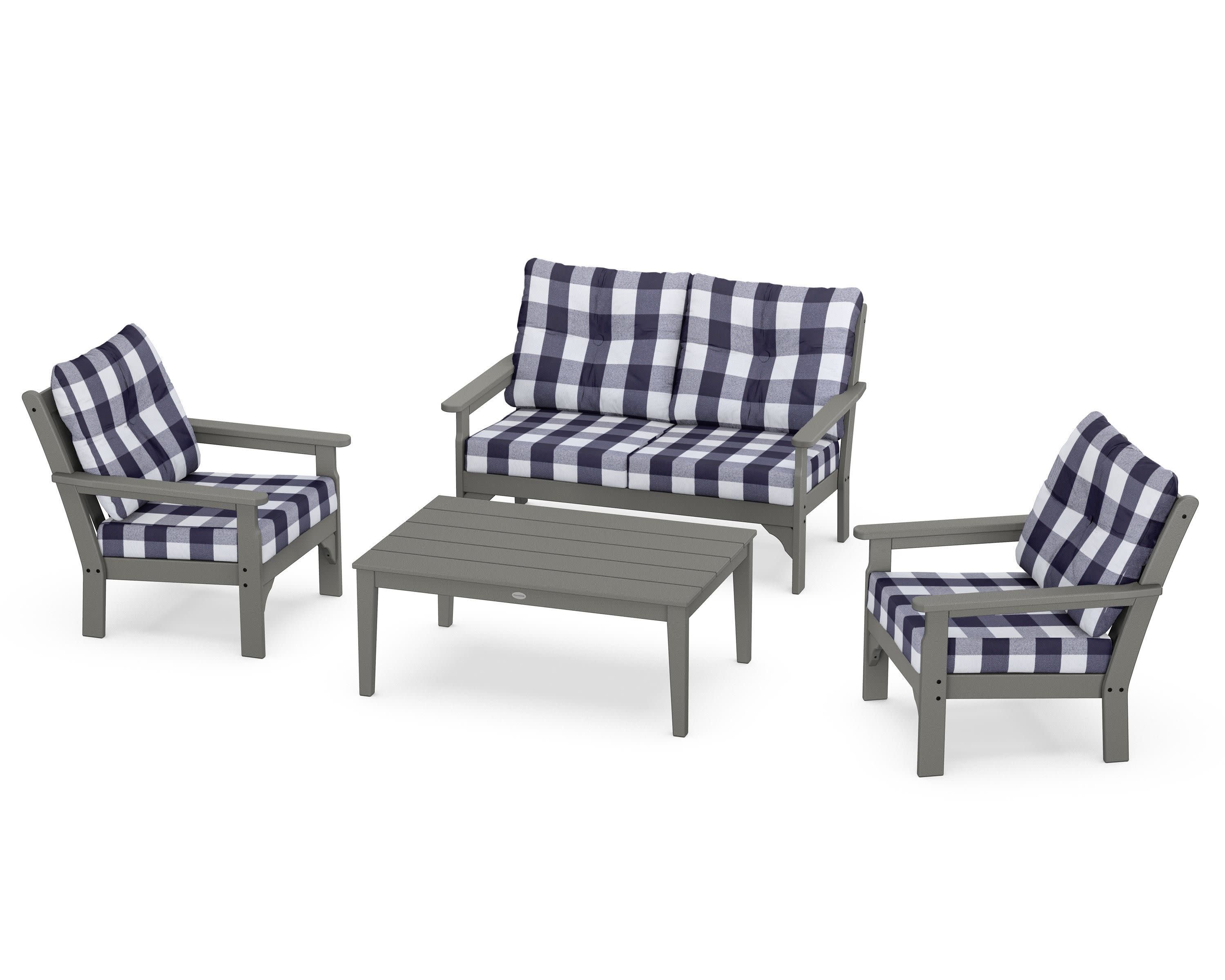Vineyard 4-Piece Deep Seating Set in Slate Grey / Buffalo Plaid Navy