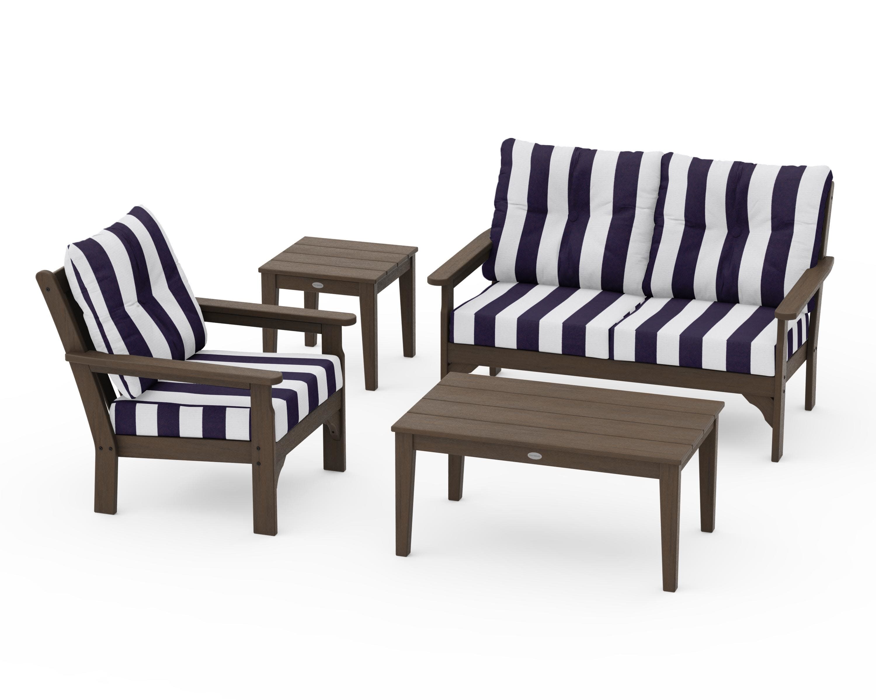 Vineyard 4-Piece Deep Seating Set in Kona / Cabana Stripe Navy