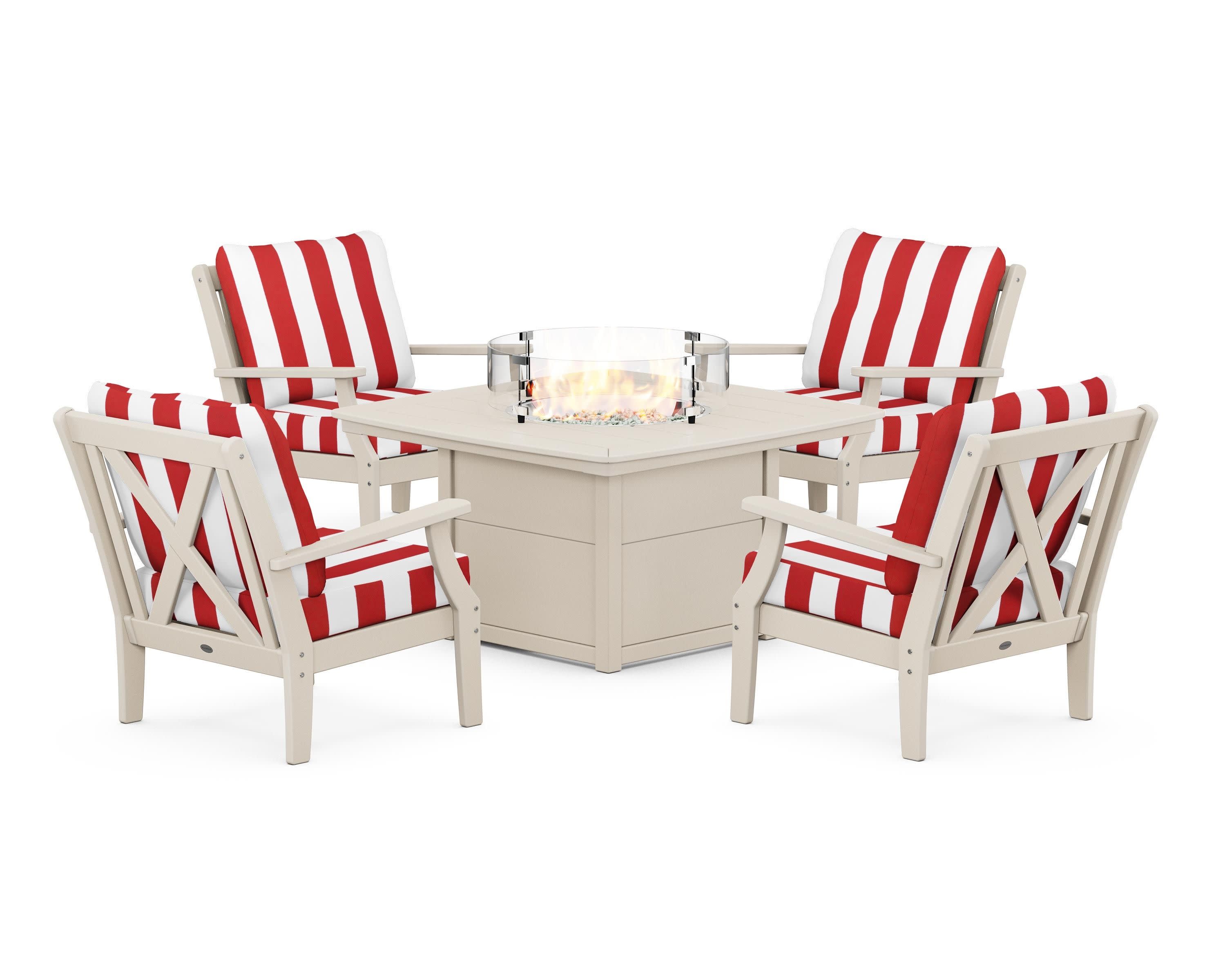 Braxton 5-Piece Deep Seating Conversation Set with Fire Pit Table in Sand / Cabana Stripe Crimson