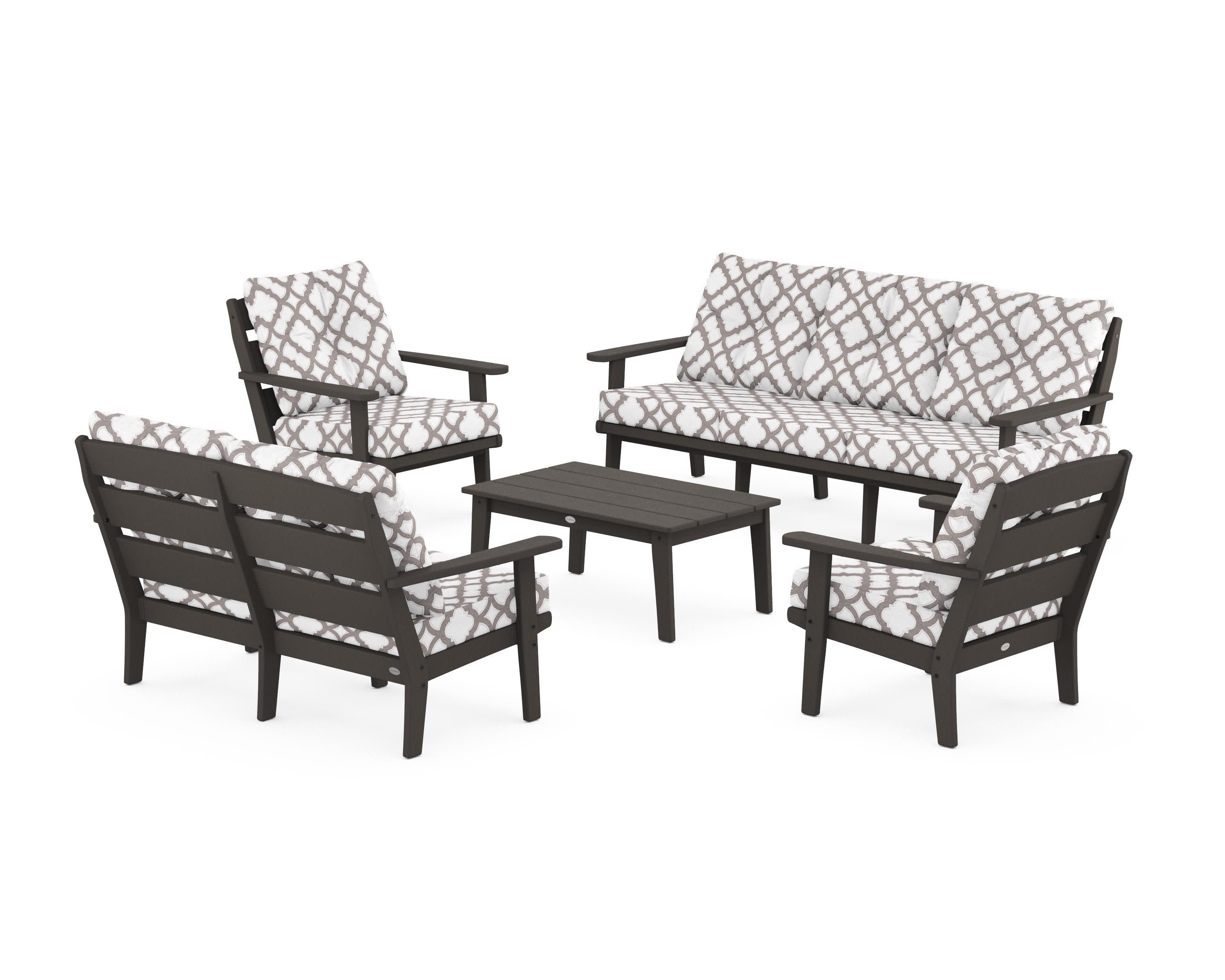 Lakeside 5-Piece Lounge Sofa Set in Vintage Coffee / Trellis Grey Mist