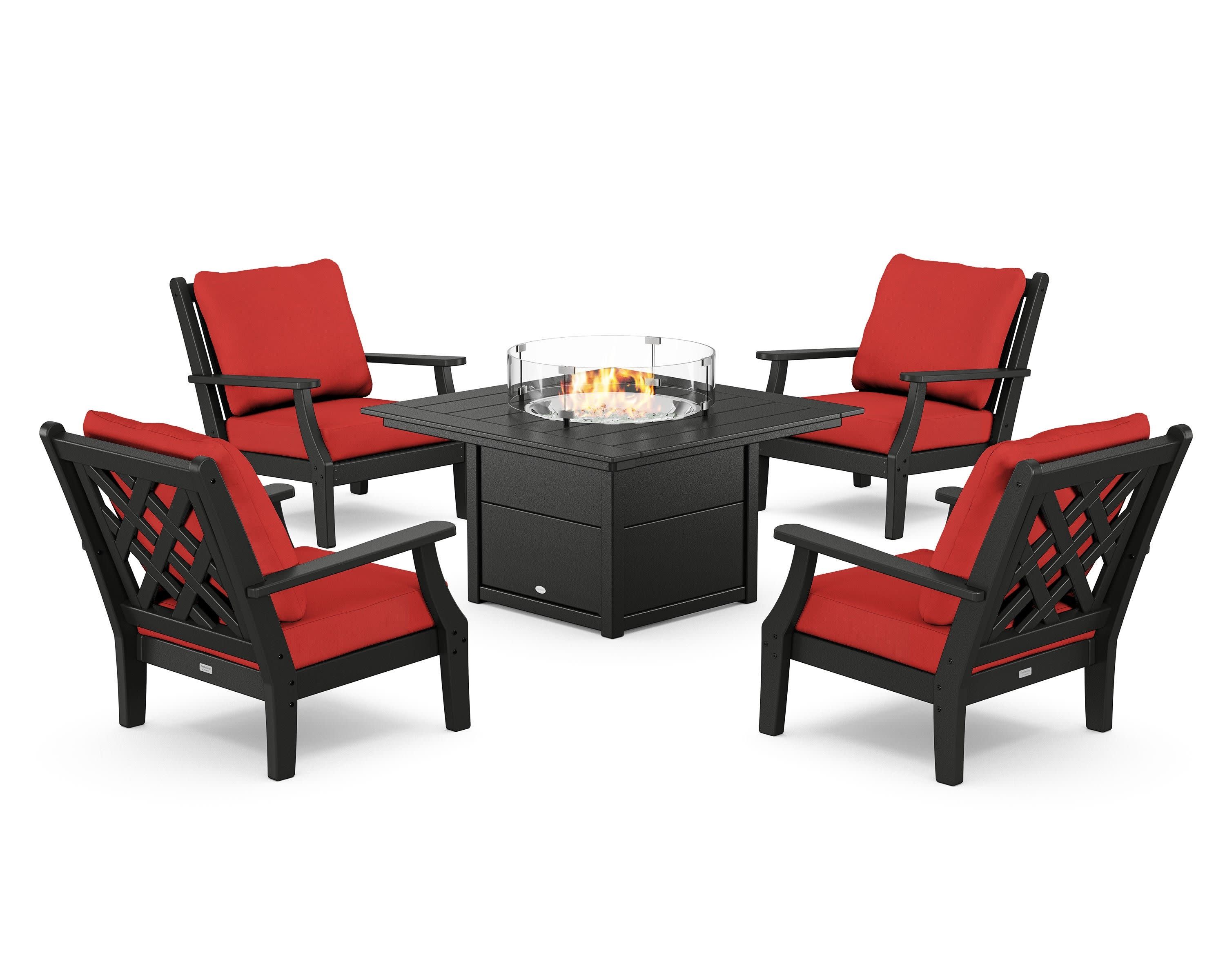 Wovendale 5-Piece Deep Seating Set with Fire Pit Table in Black / Crimson Linen