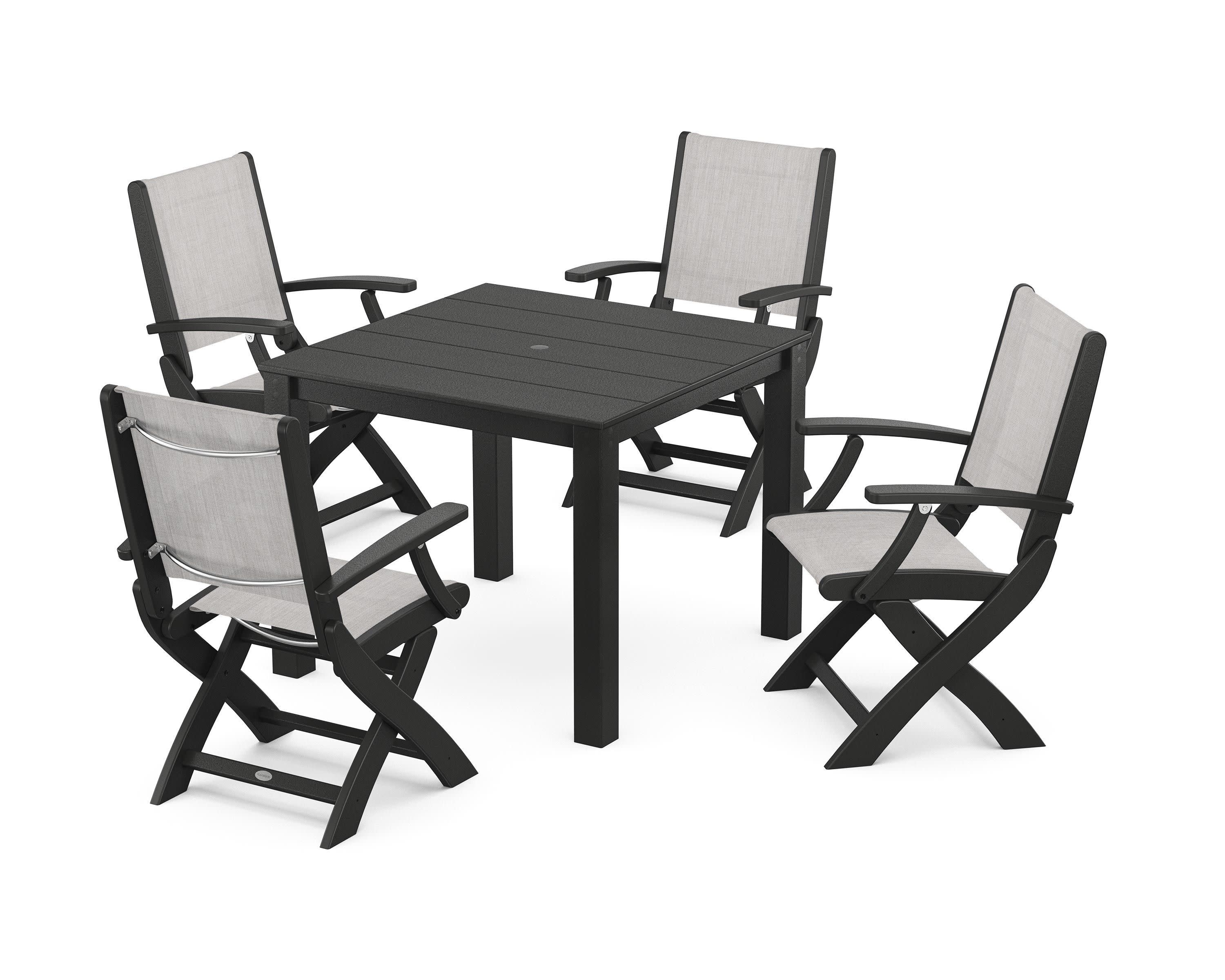 Coastal Folding Chair 5-Piece Parsons Dining Set in Black / Parchment Sling
