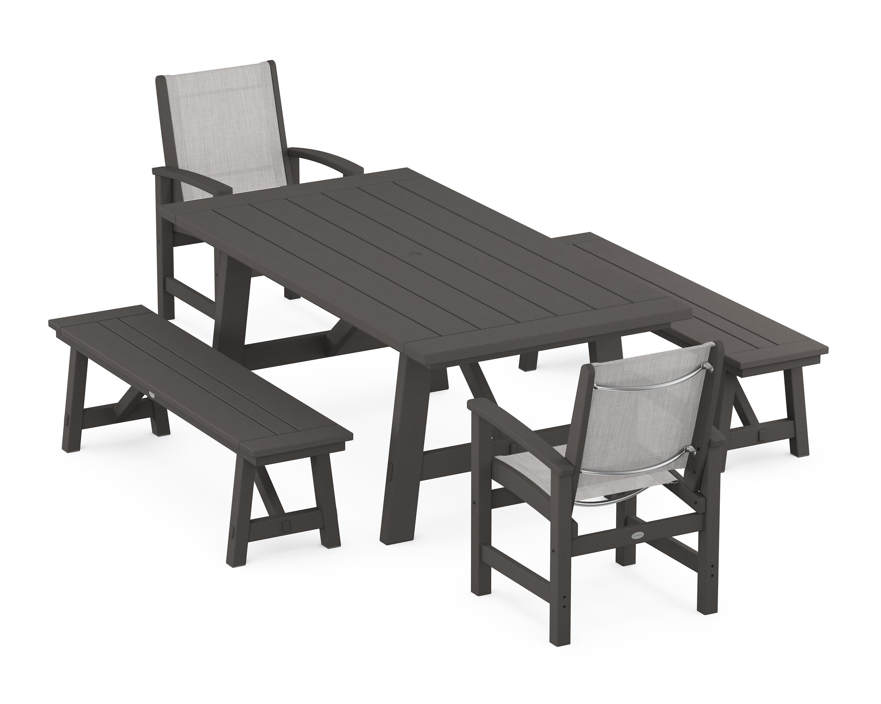 Coastal 5-Piece Rustic Farmhouse Dining Set With Benches in Vintage Coffee / Parchment Sling