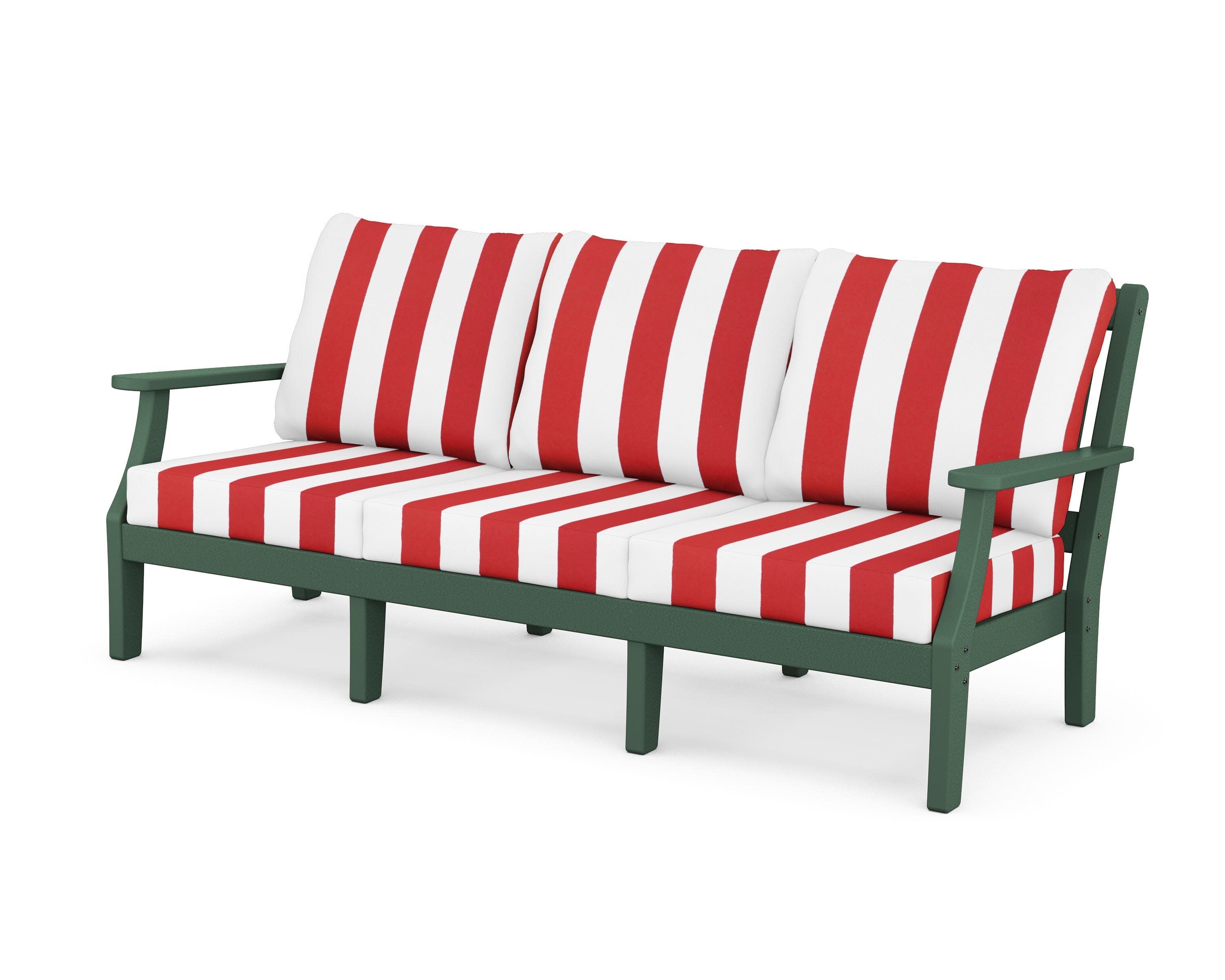 Chinoiserie Deep Seating Sofa in Green / Cabana Stripe Crimson