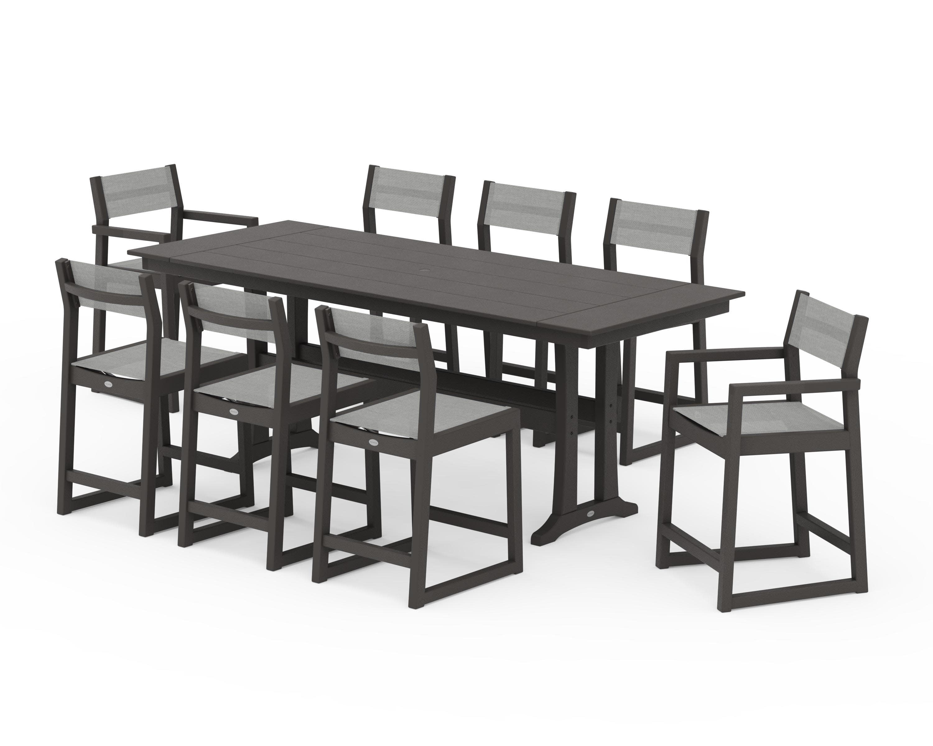EDGE Sling 9-Piece Farmhouse Counter Set with Trestle Legs in Vintage Coffee / Metallic Sling