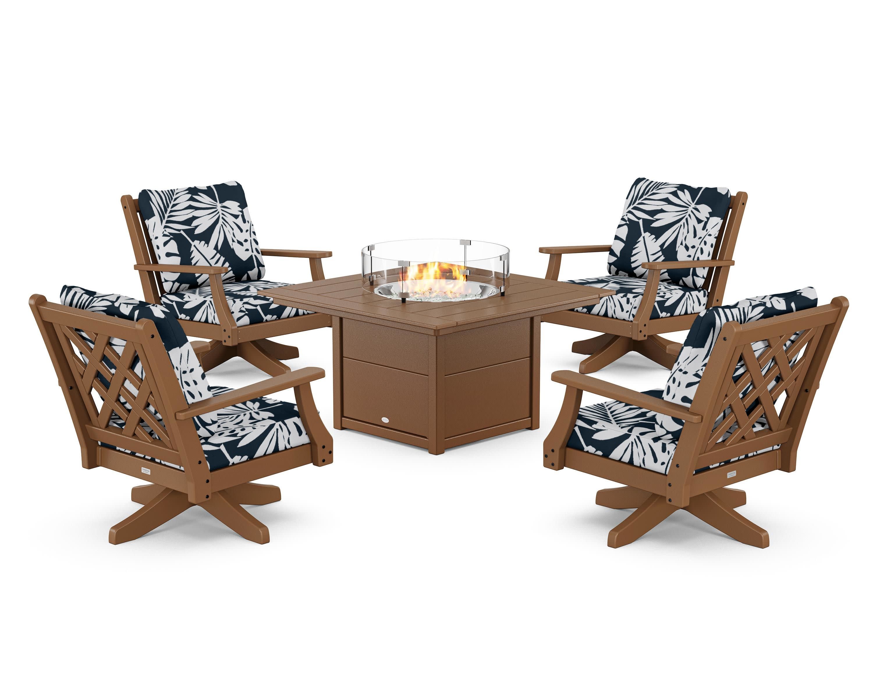 Wovendale 5-Piece Deep Seating Swivel Conversation Set with Fire Pit Table in Teak / Leaf Marine Indigo