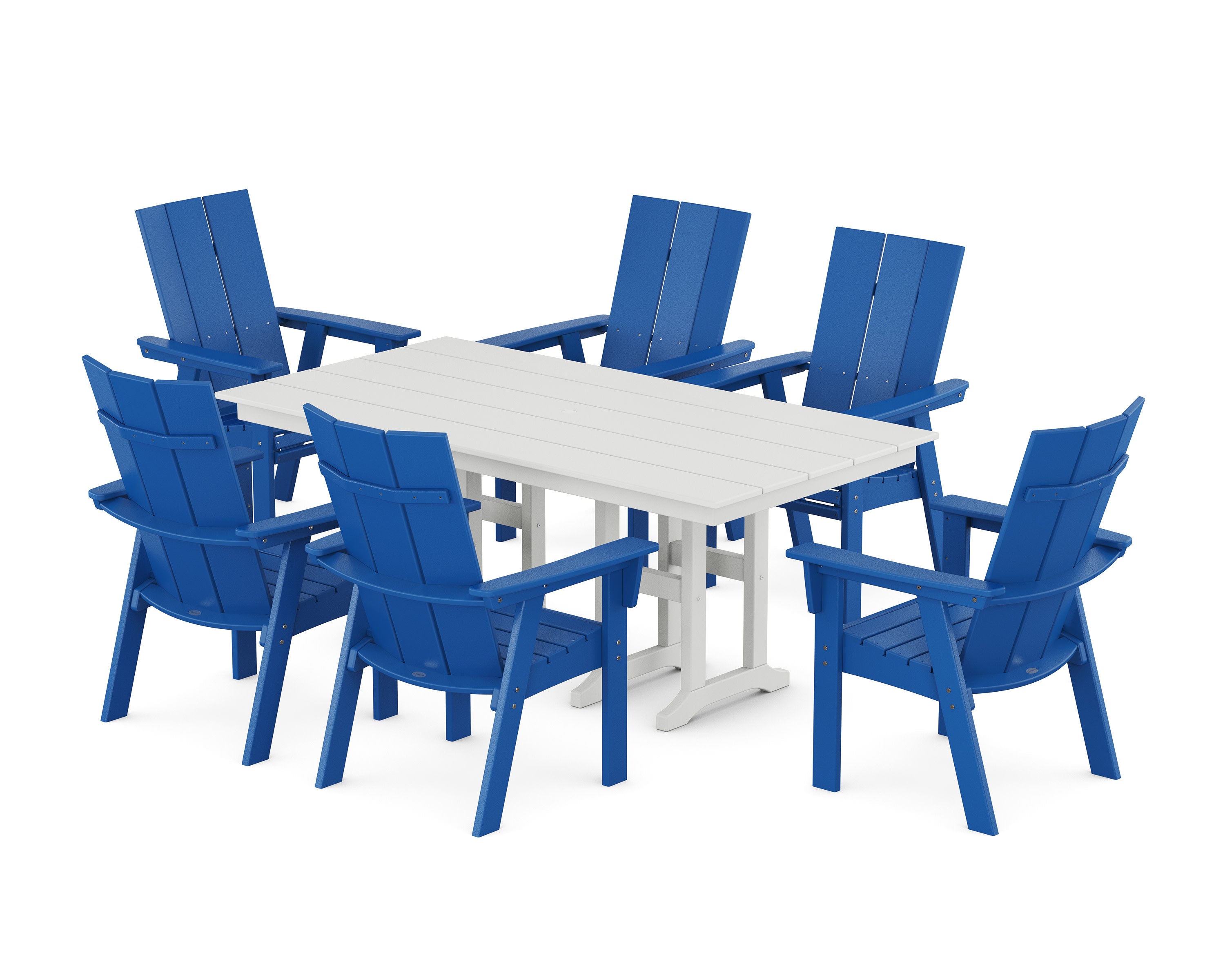 Modern Curveback Adirondack 7-Piece Farmhouse Dining Set in Pacific Blue / White
