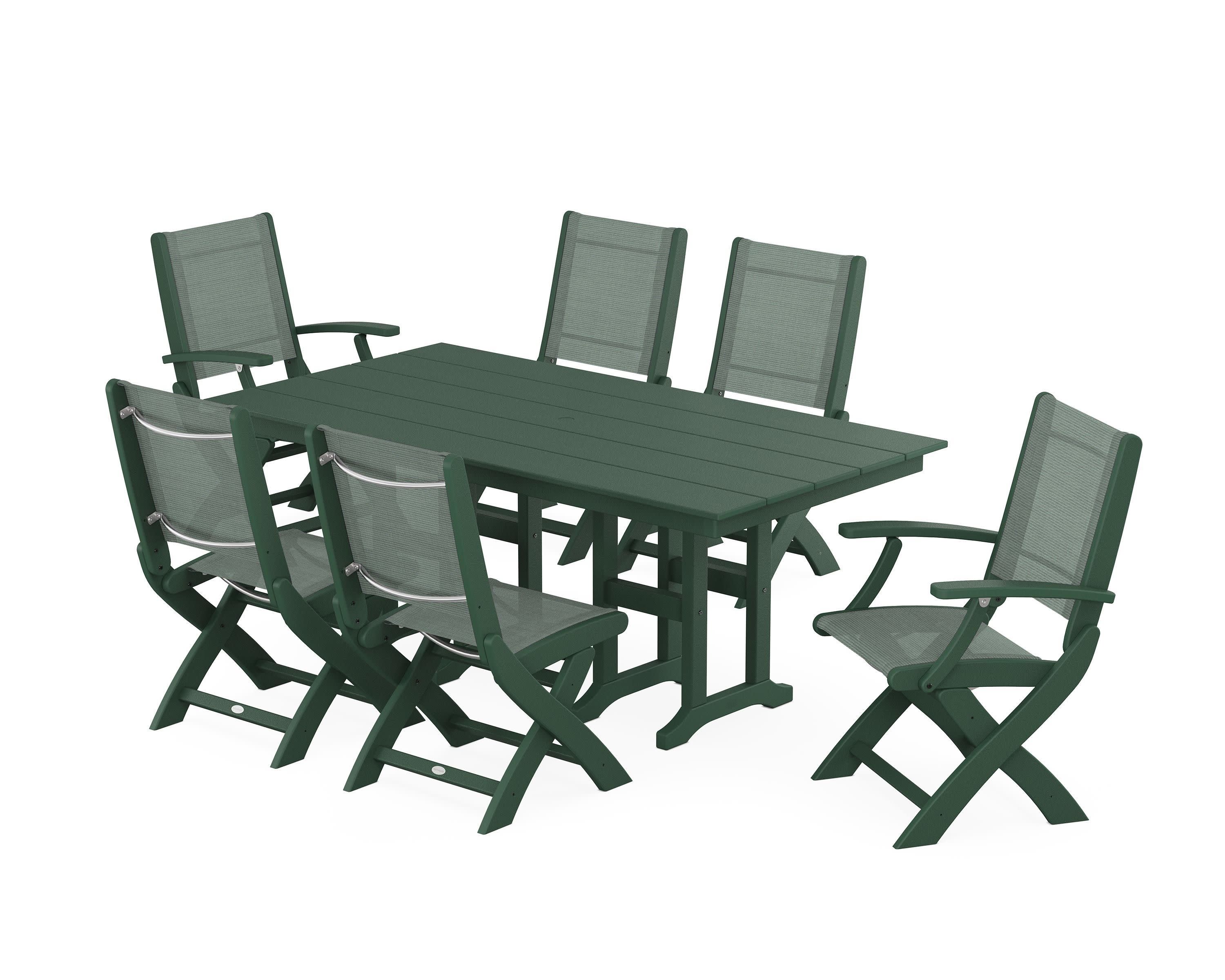 Coastal Folding Chair 7-Piece Farmhouse Dining Set in Green / Dupioni Sea Mist Sling
