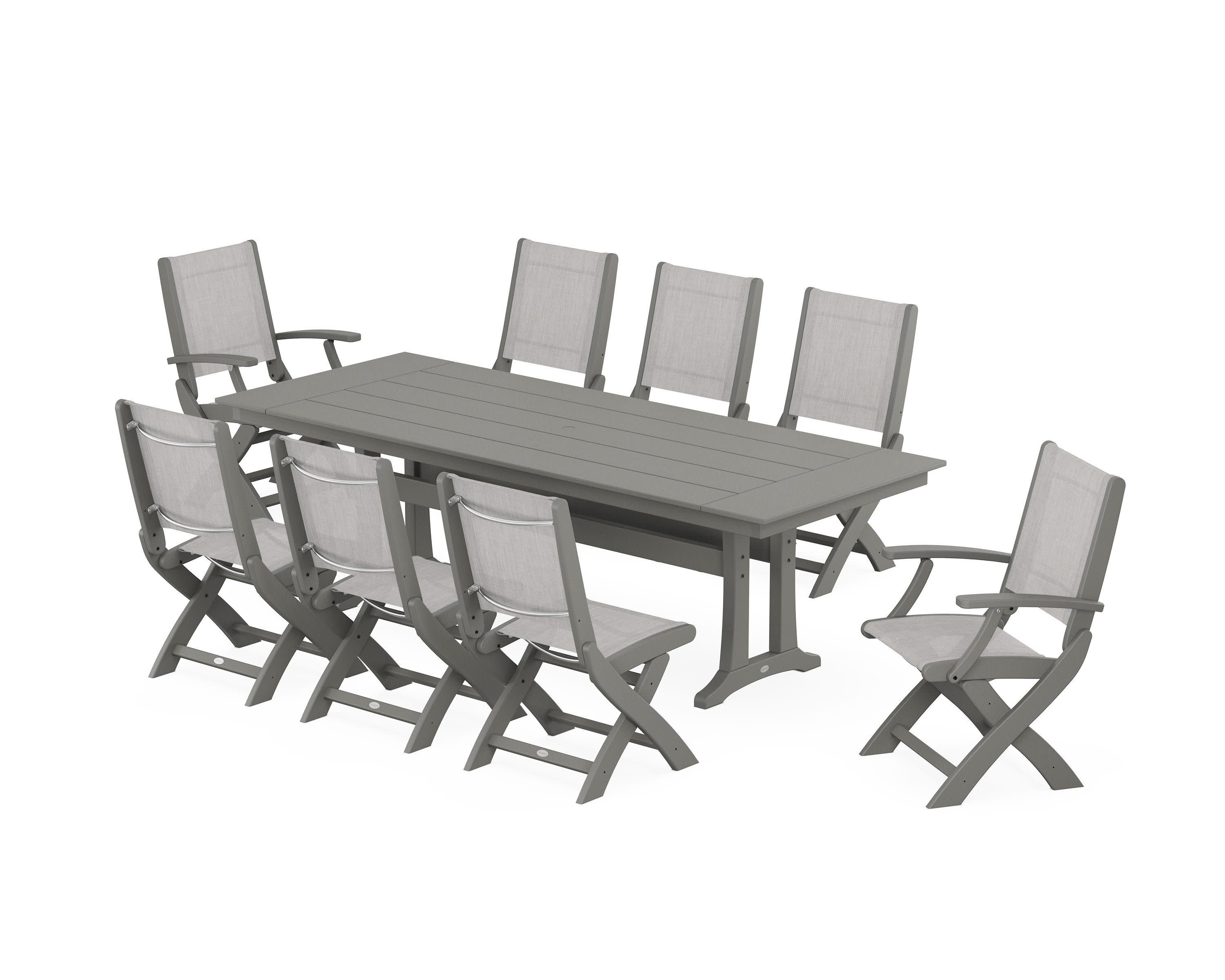 Coastal 9-Piece Folding Dining Chair Farmhouse Dining Set with Trestle Legs in Slate Grey / Parchment Sling