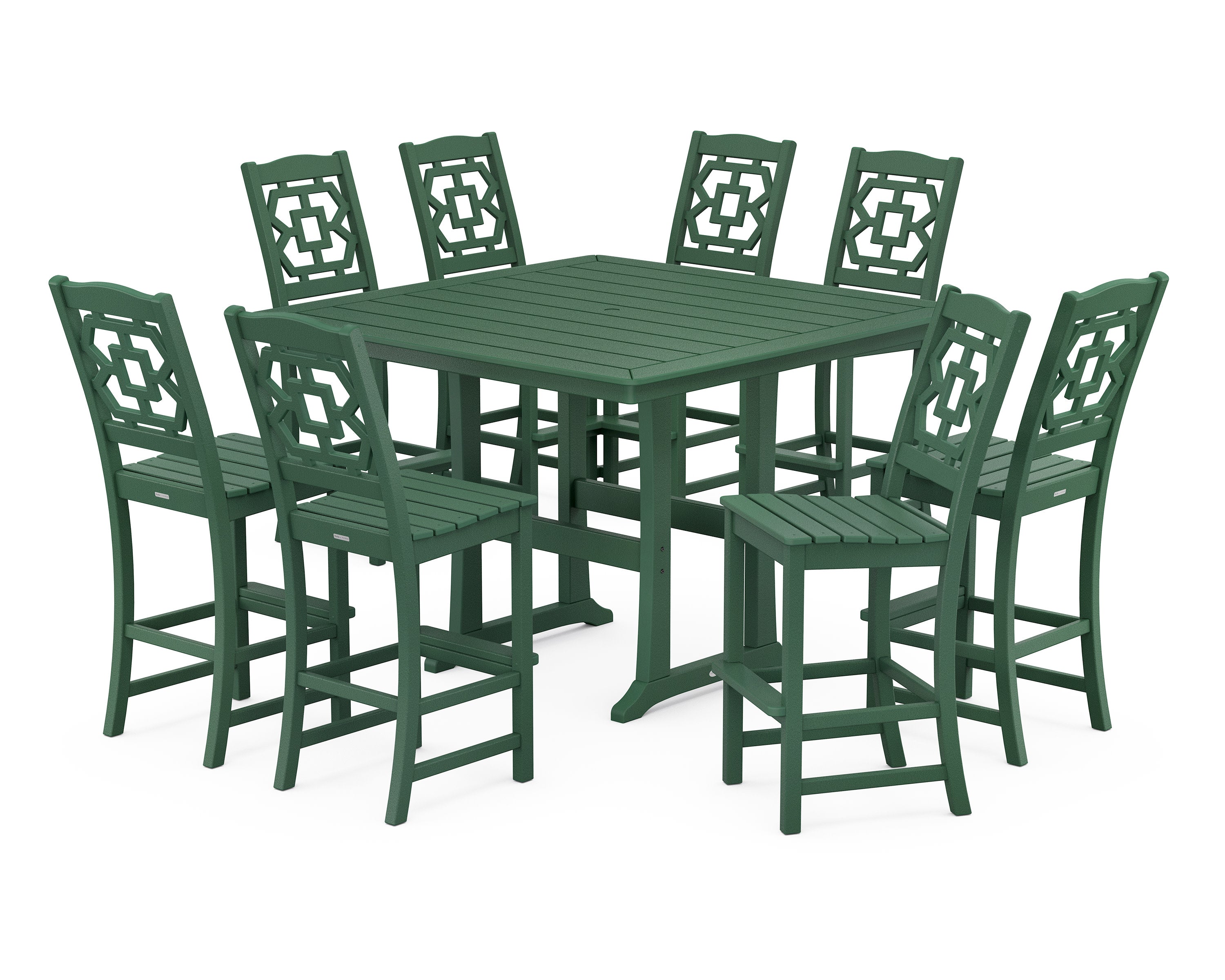 Chinoiserie 9-Piece Square Side Chair Bar Set with Trestle Legs in Green