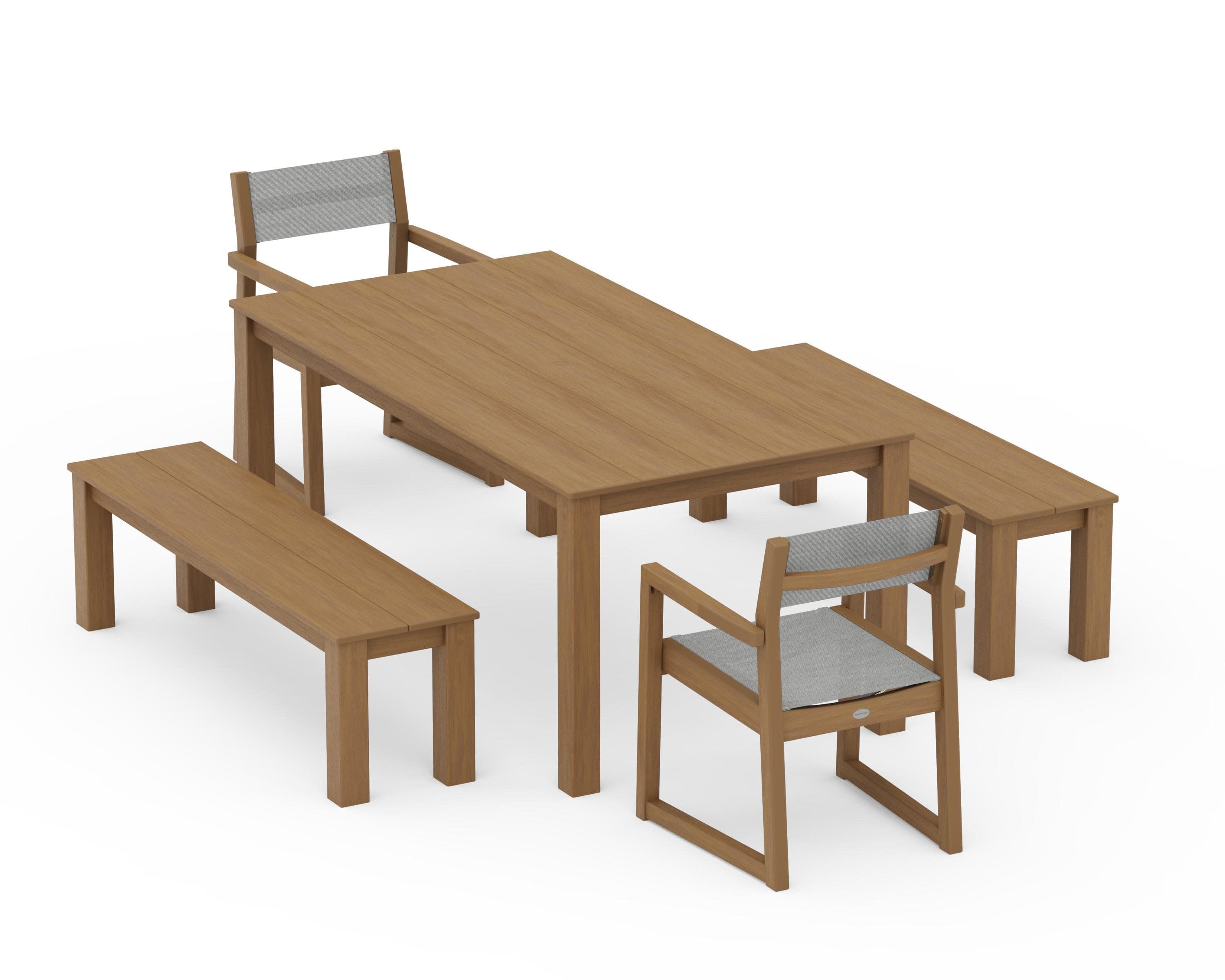 EDGE Sling Arm Chair 5-Piece Parsons Dining Set with Benches in Natural / Metallic Sling