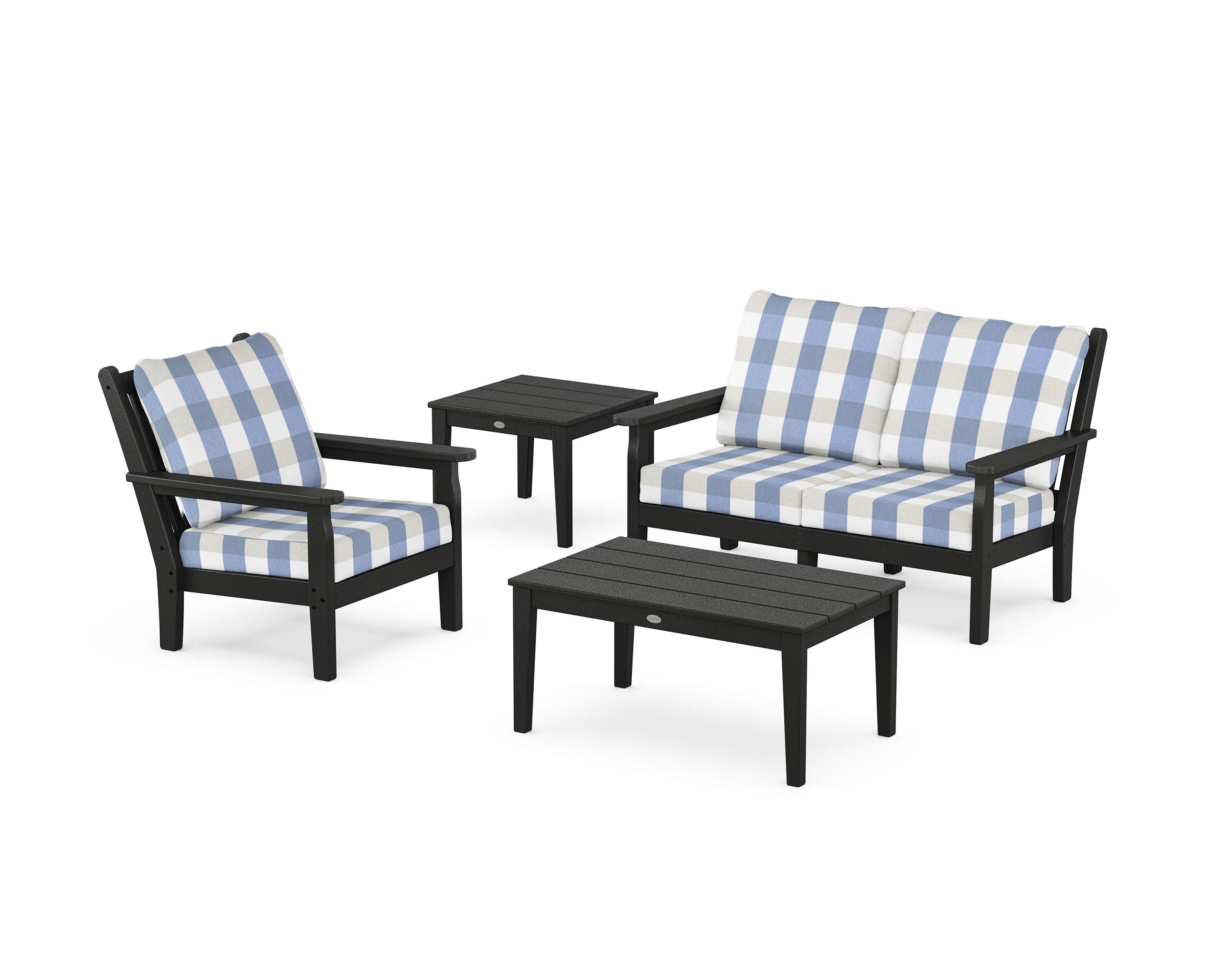 Chippendale 4-Piece Deep Seating Set in Black / Buffalo Plaid Sky Blue