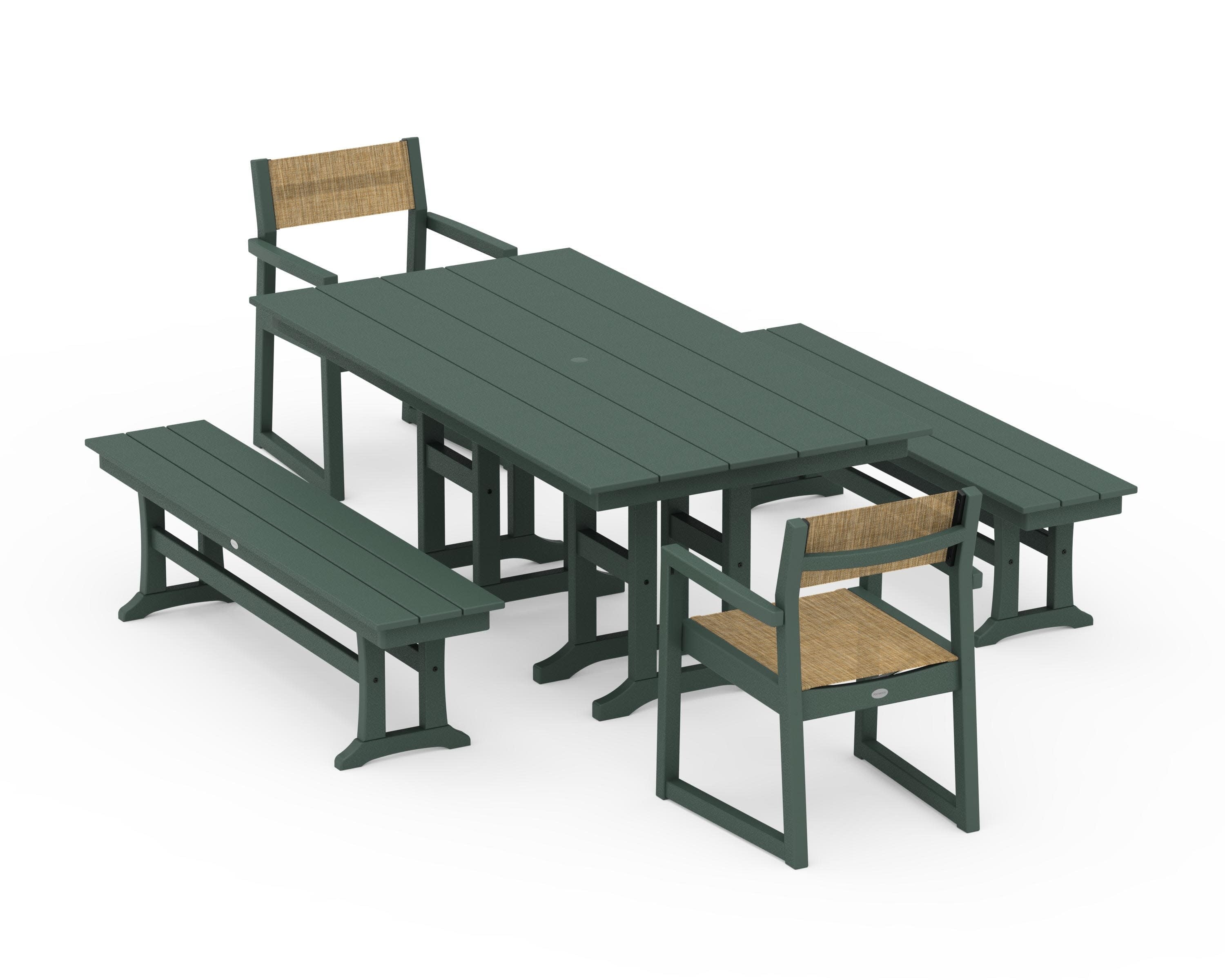 EDGE Sling Arm Chair 5-Piece Farmhouse Dining Set with Benches in Green / Burlap Sling