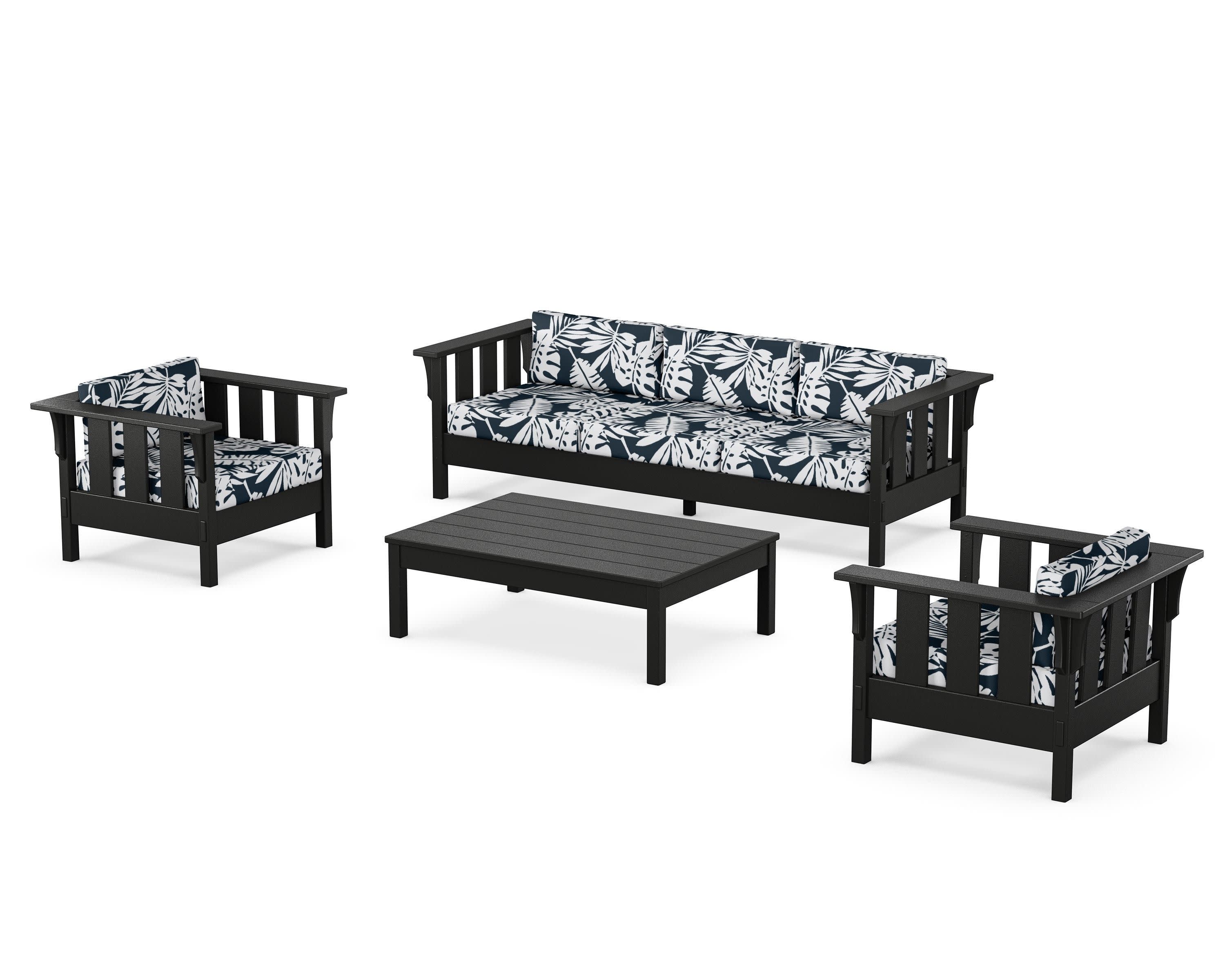 Acadia 4-Piece Deep Seating Set with Sofa in Black / Leaf Marine Indigo