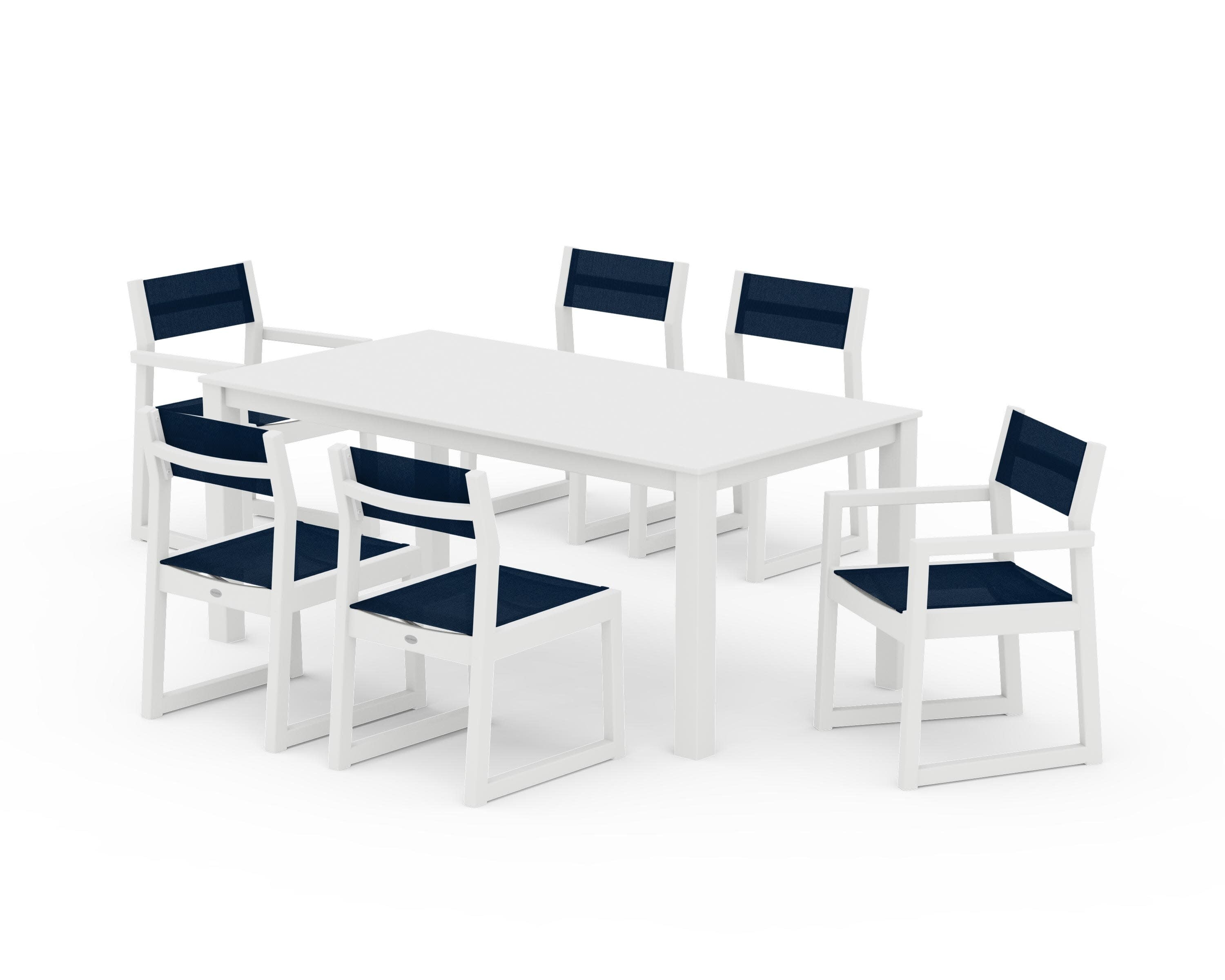 EDGE Sling 7-Piece Parsons Dining Set in White / Navy Blue Sling