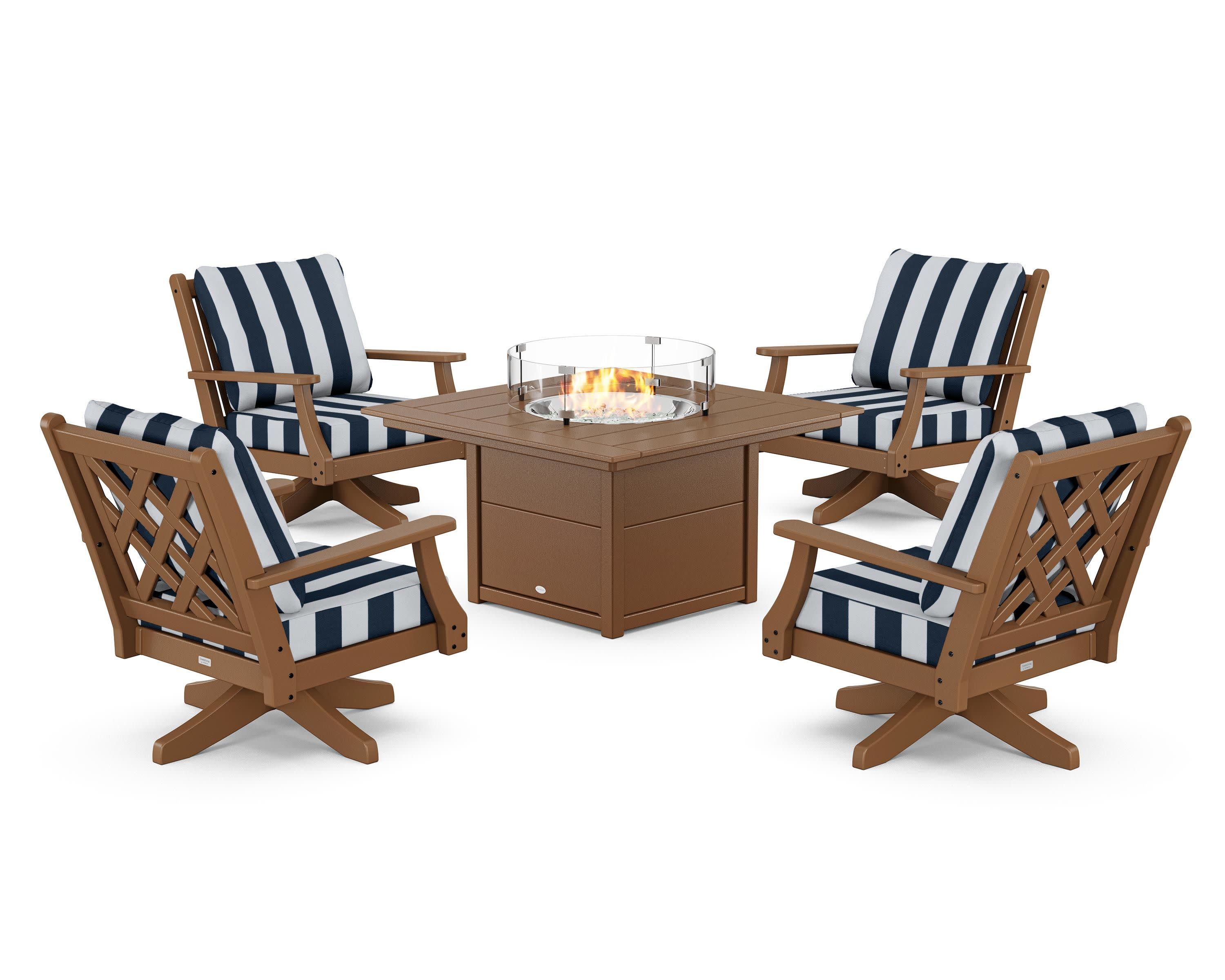 Wovendale 5-Piece Deep Seating Swivel Conversation Set with Fire Pit Table in Teak / Cabana Stripe Marine Indigo