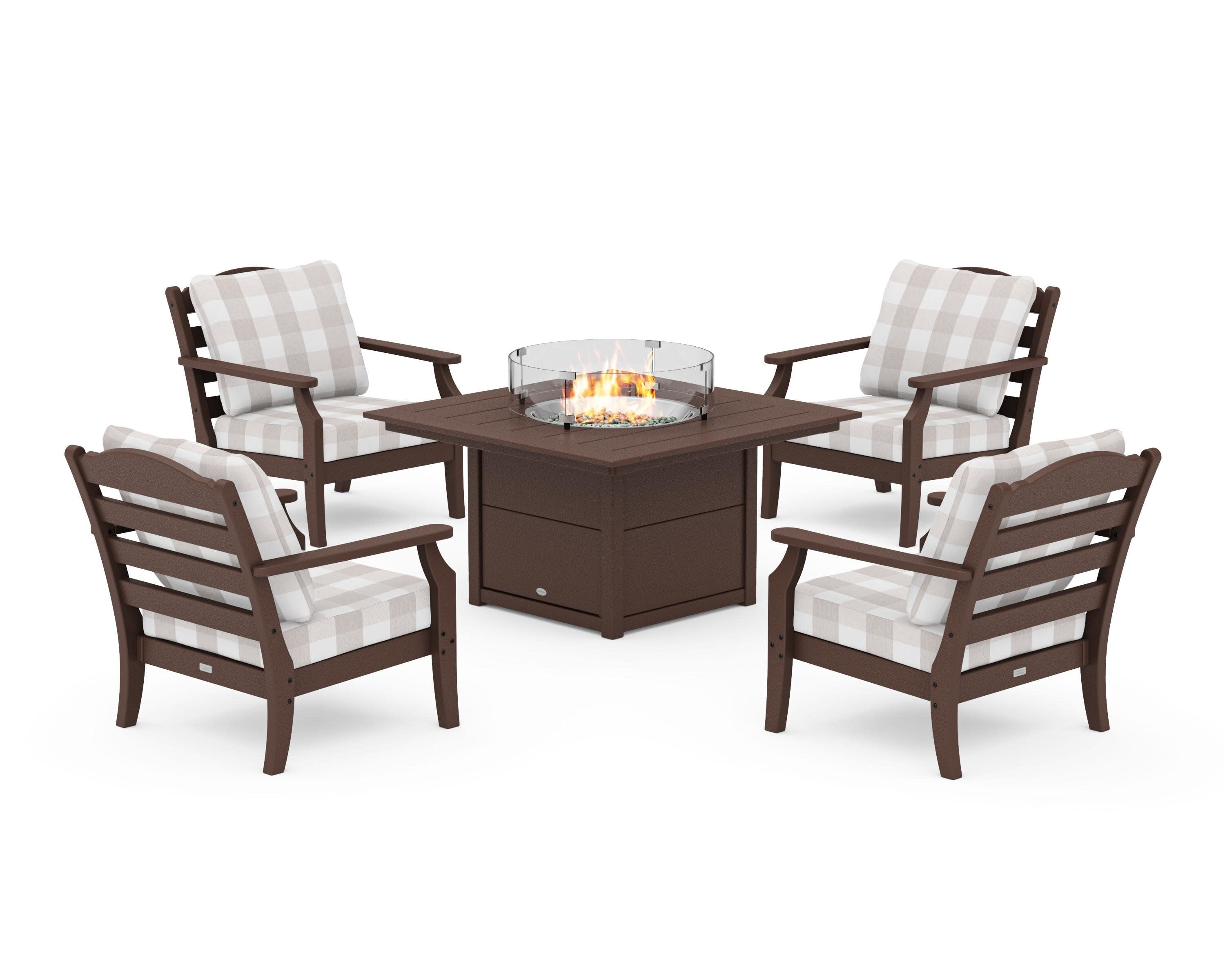 Savannah 5-Piece Deep Seating Set with Fire Pit Table in Mahogany / Buffalo Plaid Dune Burlap