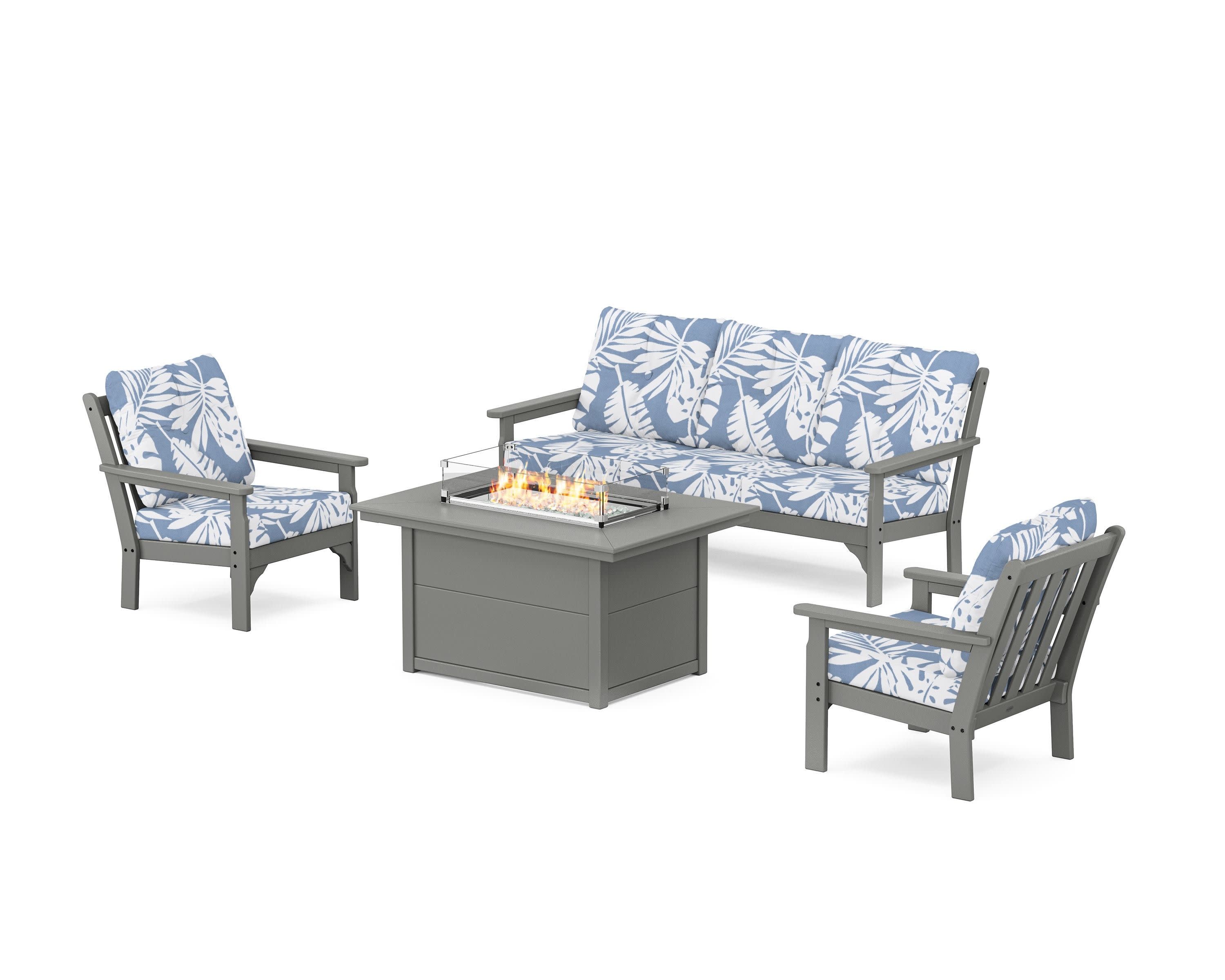 Vineyard Deep Seating Fire Pit Table Set in Slate Grey / Leaf Sky Blue