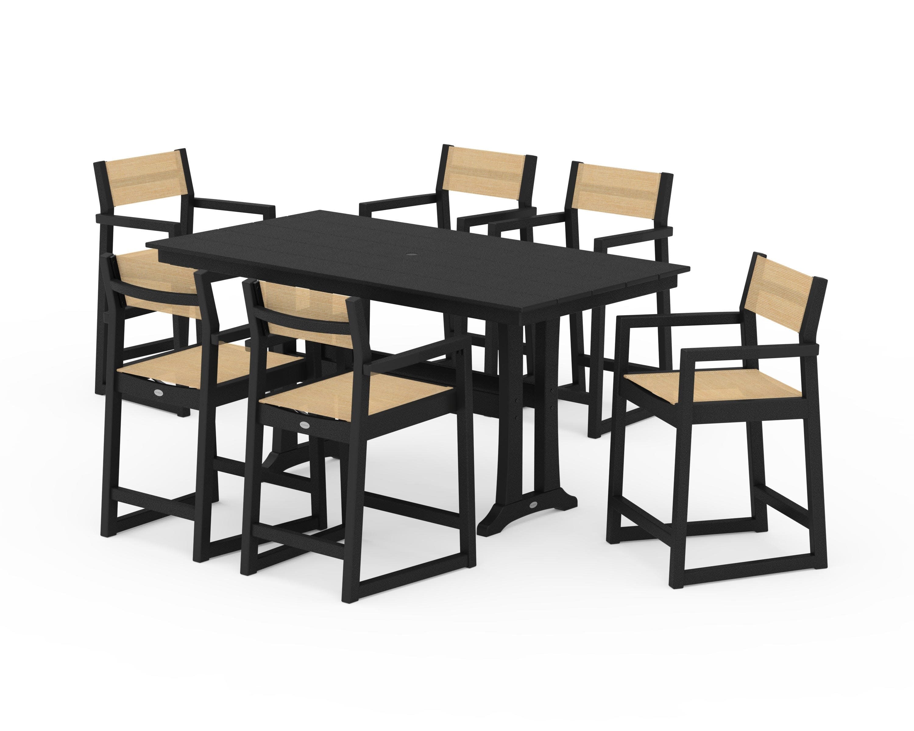 EDGE Sling Arm Chair 7-Piece Farmhouse Counter Set with Trestle Legs in Black / Dupioni Apricot Sling