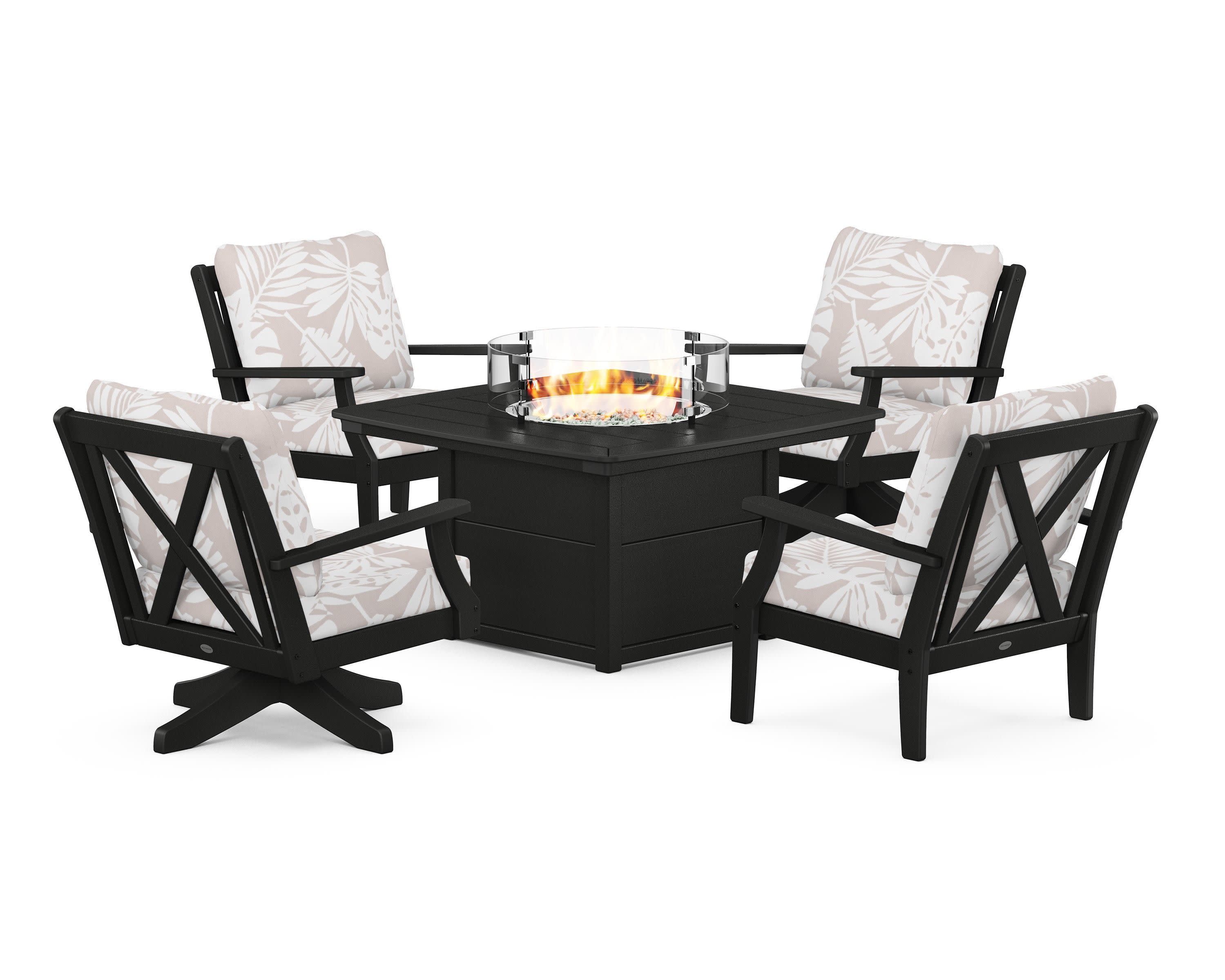 Braxton 5-Piece Deep Seating Set with Fire Table in Black / Leaf Dune Burlap