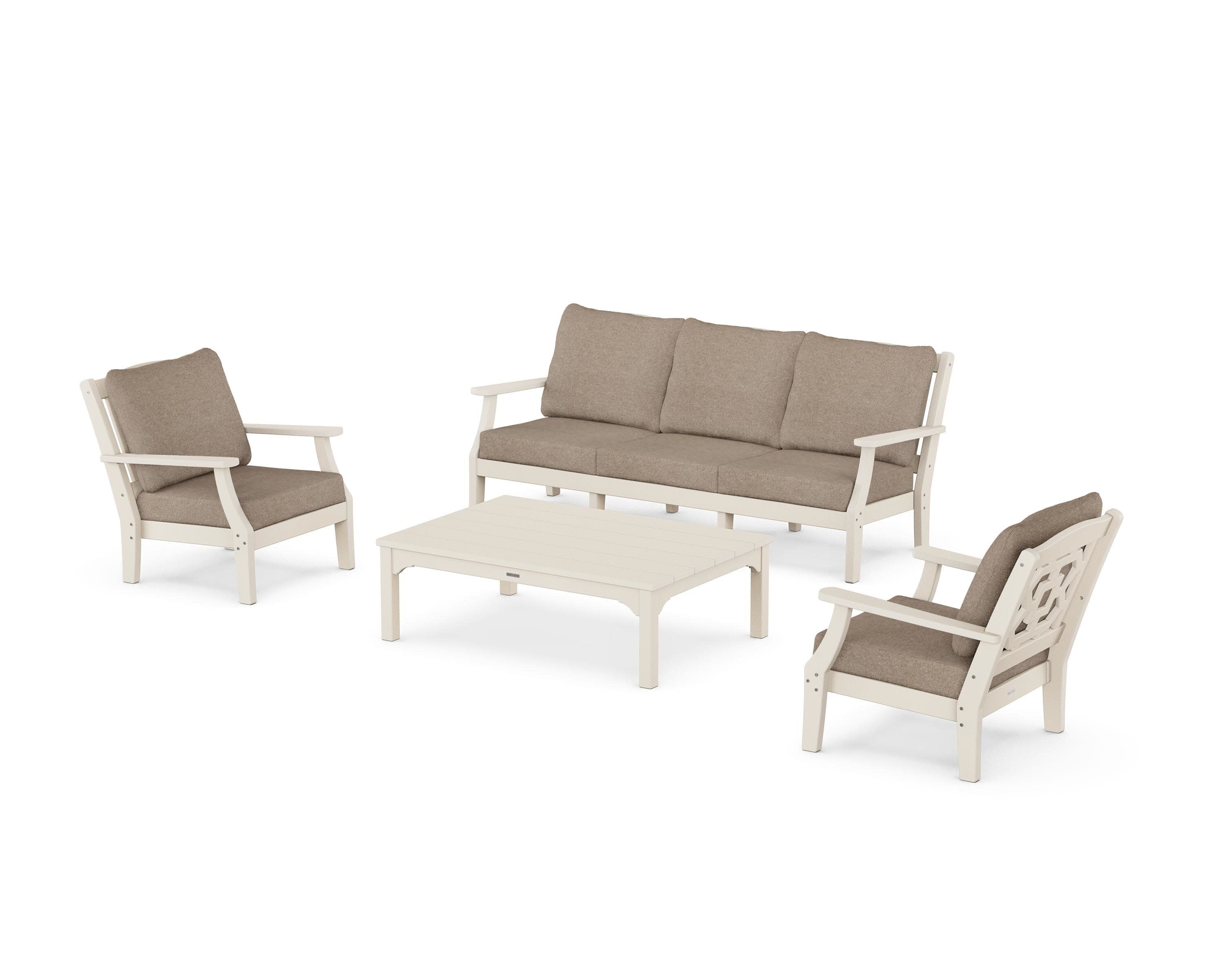 Chinoiserie 4-Piece Deep Seating Set with Sofa in Sand / Spiced Burlap