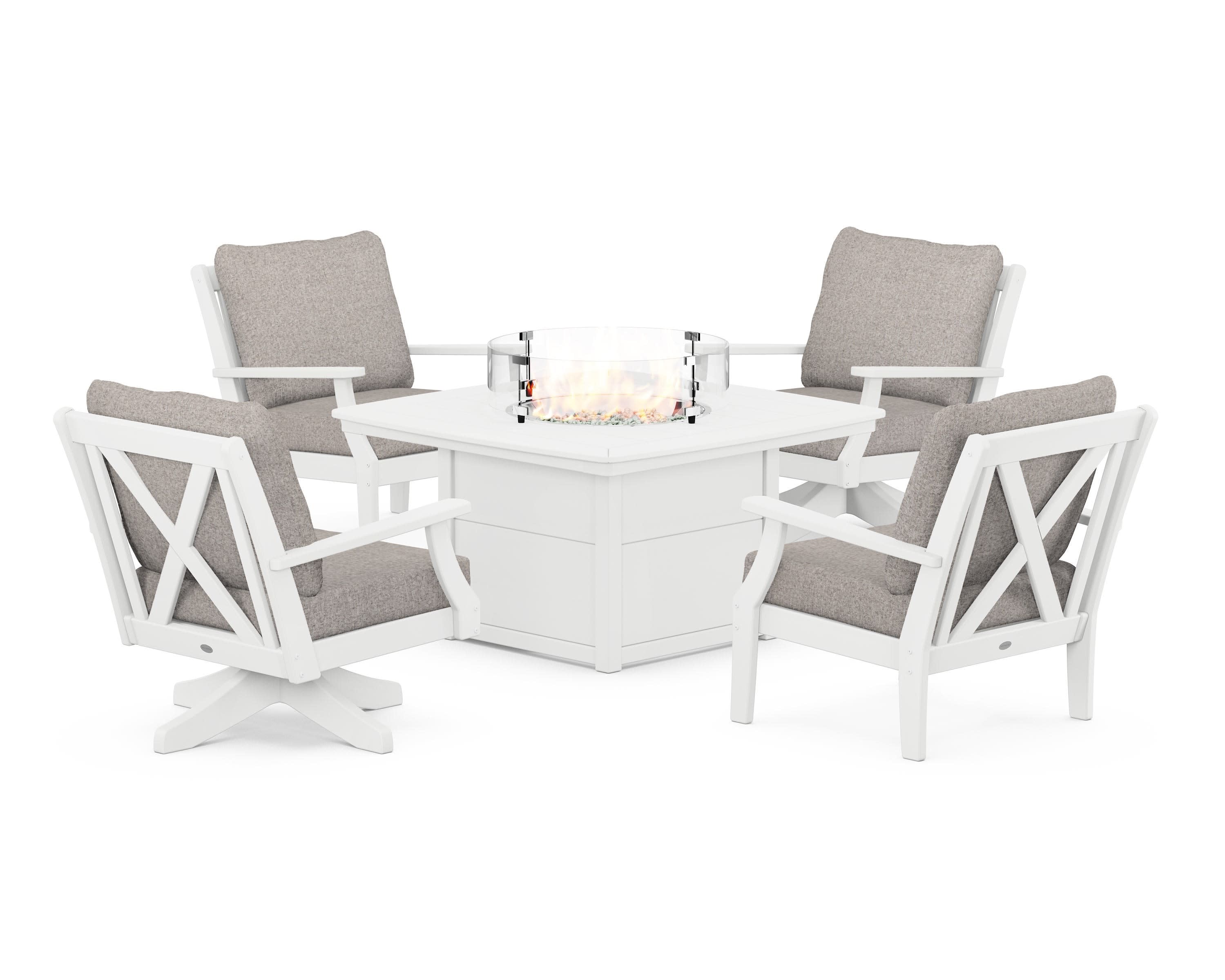 Braxton 5-Piece Deep Seating Set with Fire Table in White / Weathered Tweed